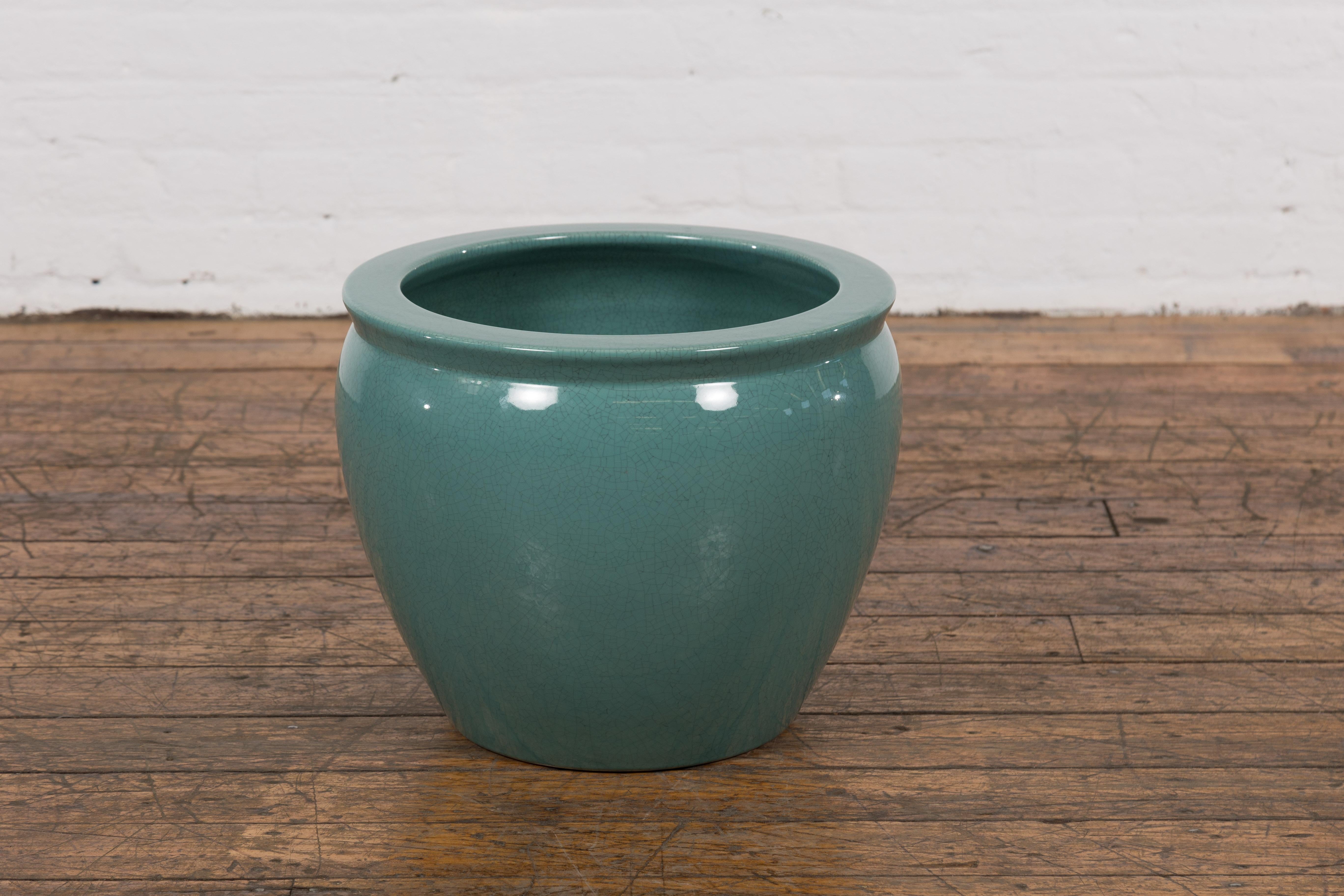 Glazed Midcentury Teal Garden Planter with Circular Opening and Tapering Lines For Sale