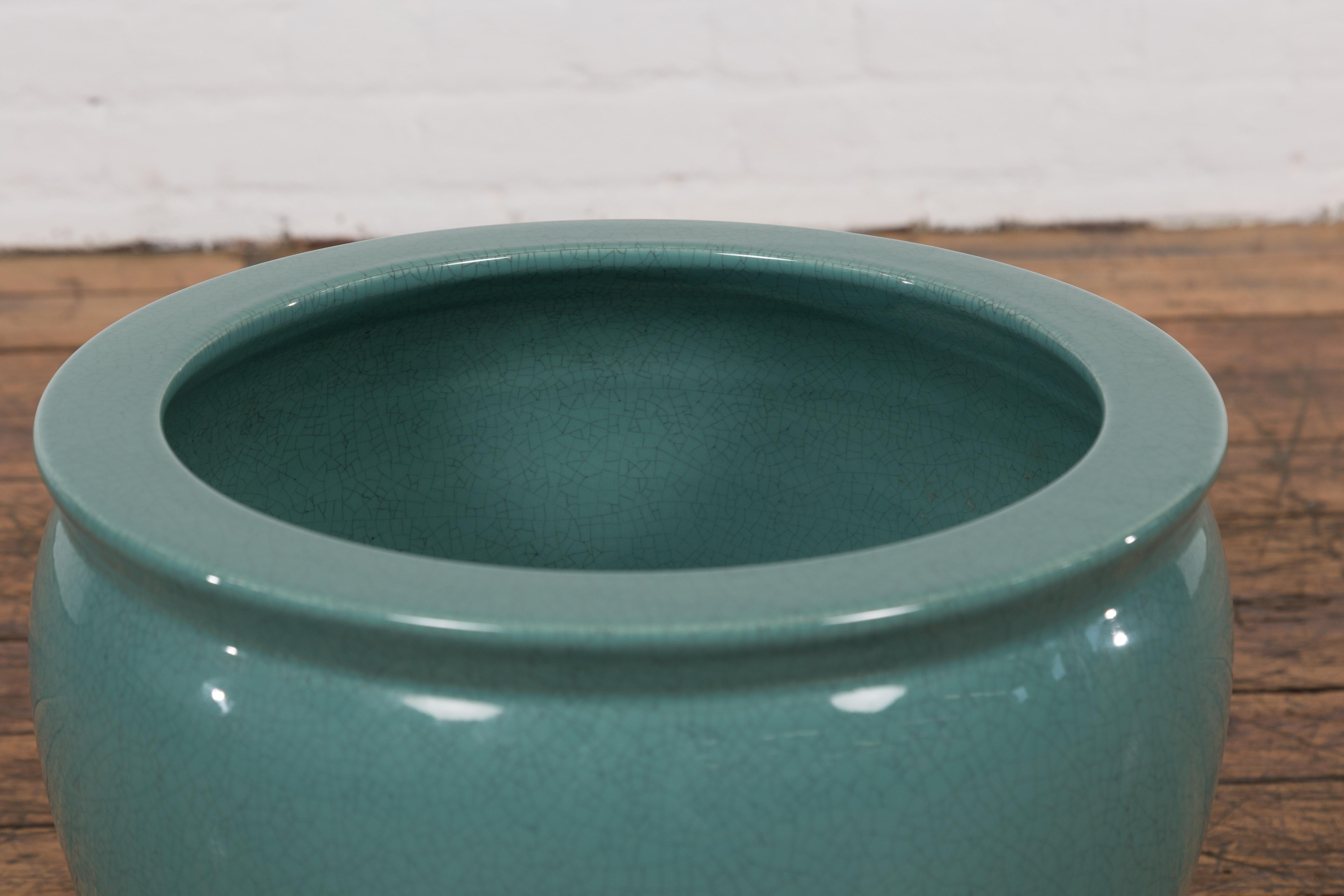 Midcentury Teal Garden Planter with Circular Opening and Tapering Lines In Good Condition For Sale In Yonkers, NY