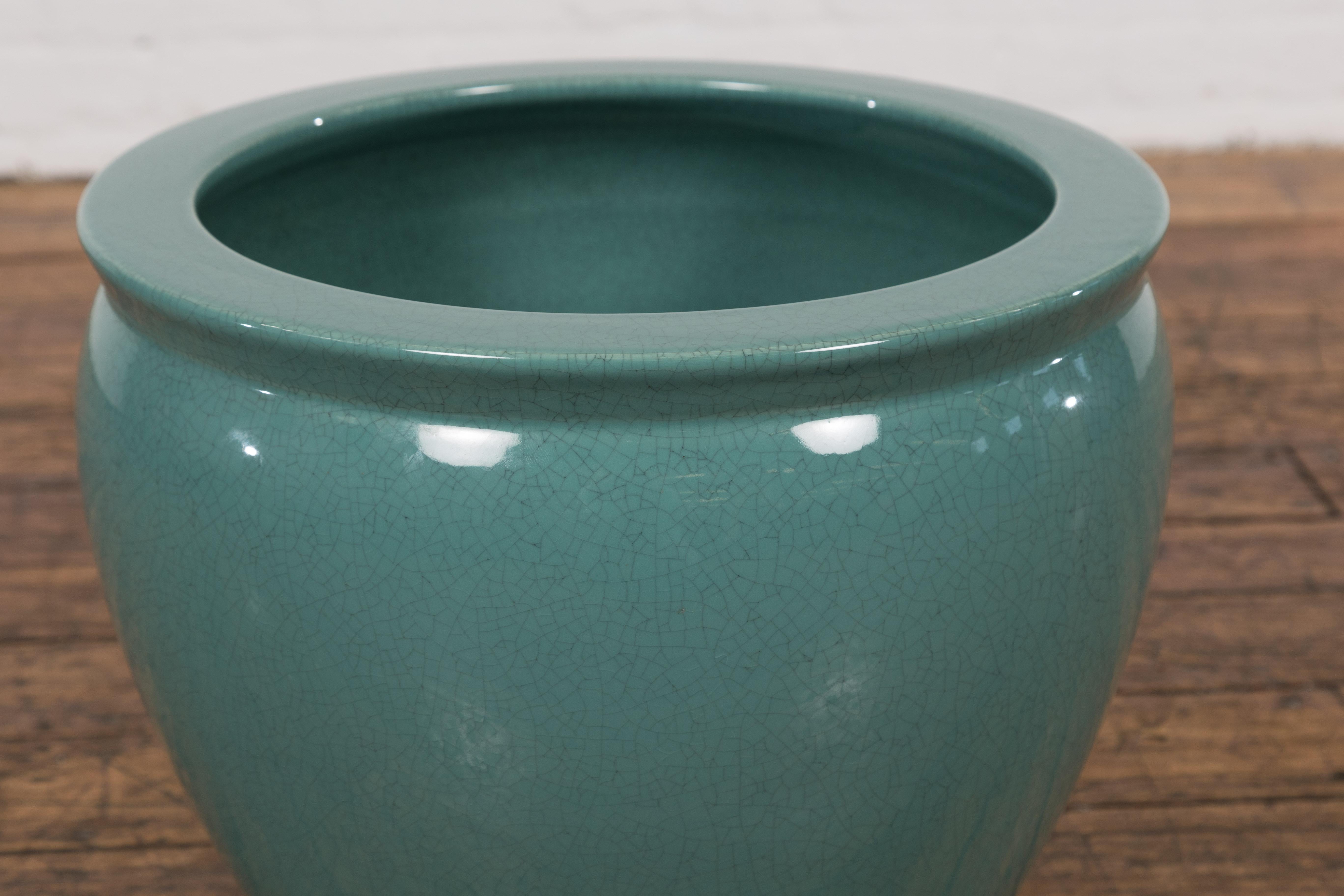 20th Century Midcentury Teal Garden Planter with Circular Opening and Tapering Lines For Sale