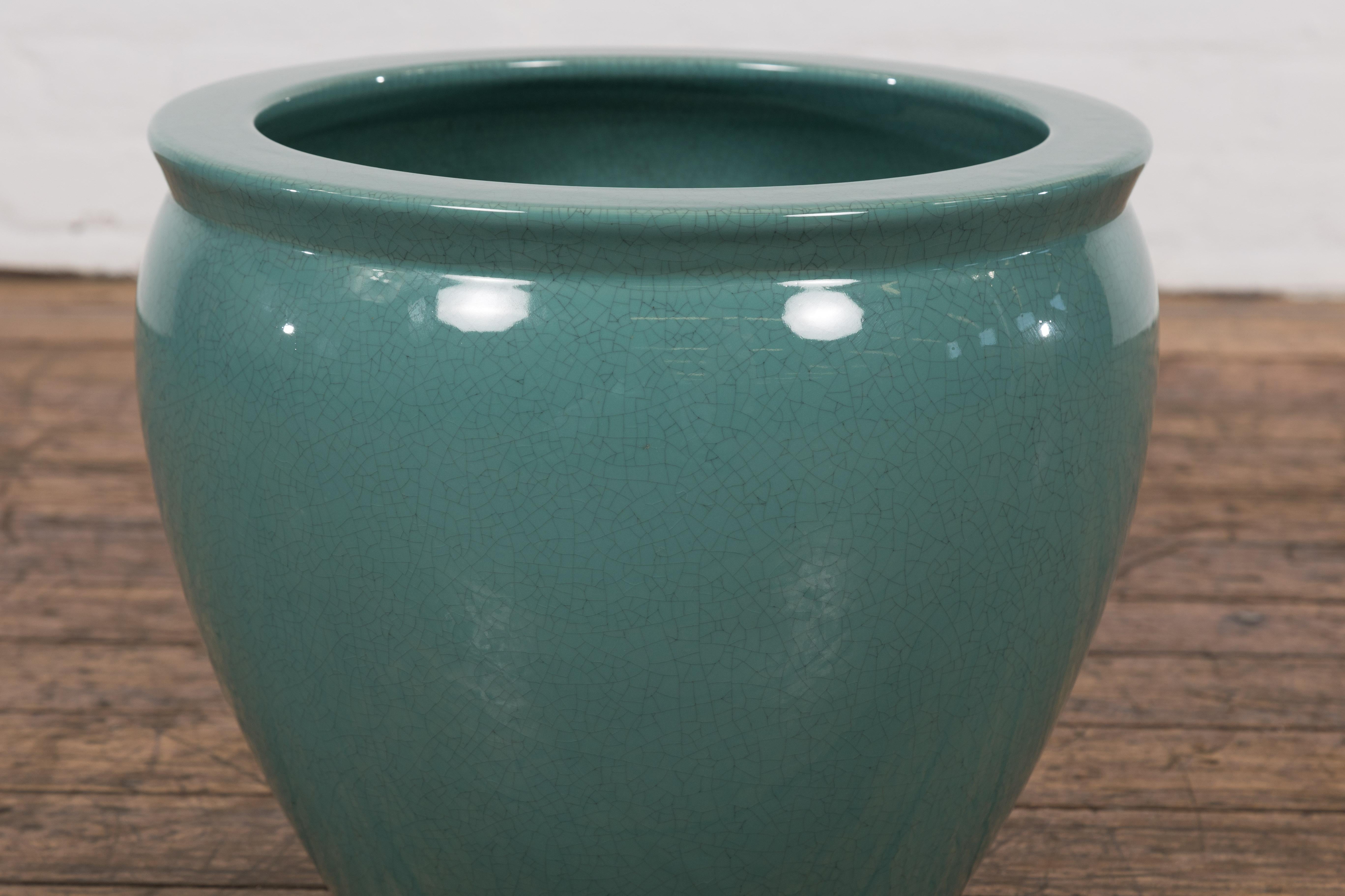 Ceramic Midcentury Teal Garden Planter with Circular Opening and Tapering Lines For Sale