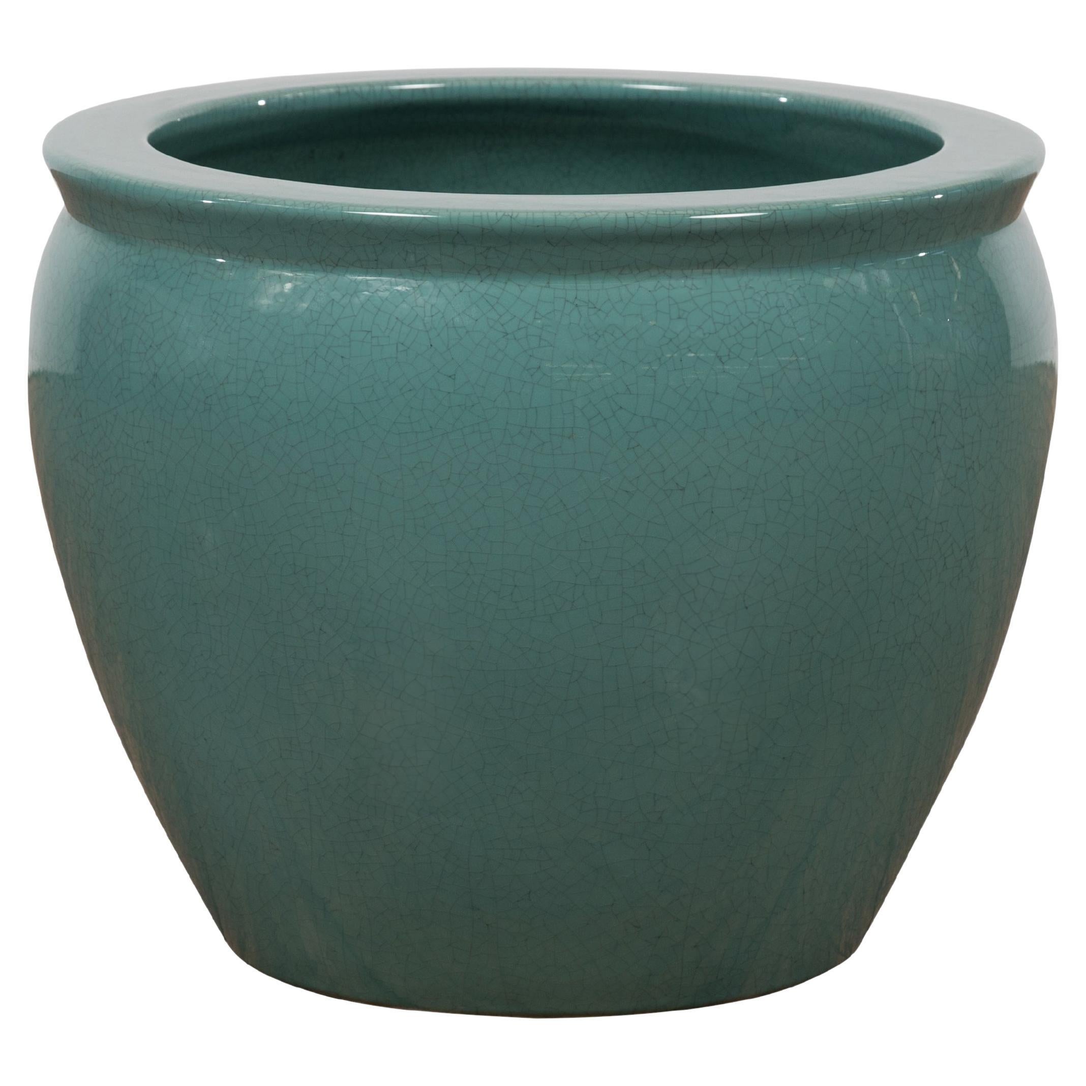 Midcentury Teal Garden Planter with Circular Opening and Tapering Lines For Sale