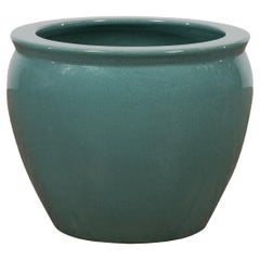 Retro Midcentury Teal Garden Planter with Circular Opening and Tapering Lines