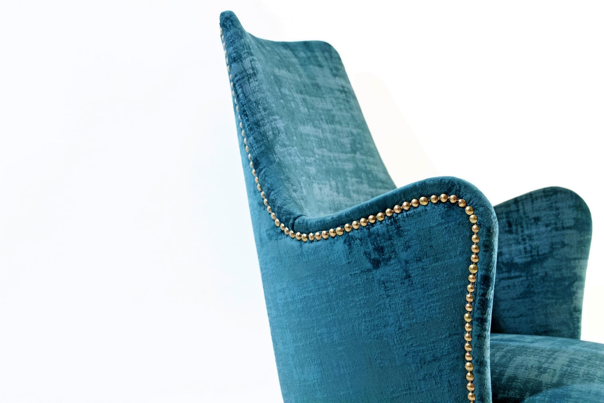 Brass Midcentury Teal Velvet Chairs by Osvaldo Borsani, Italy