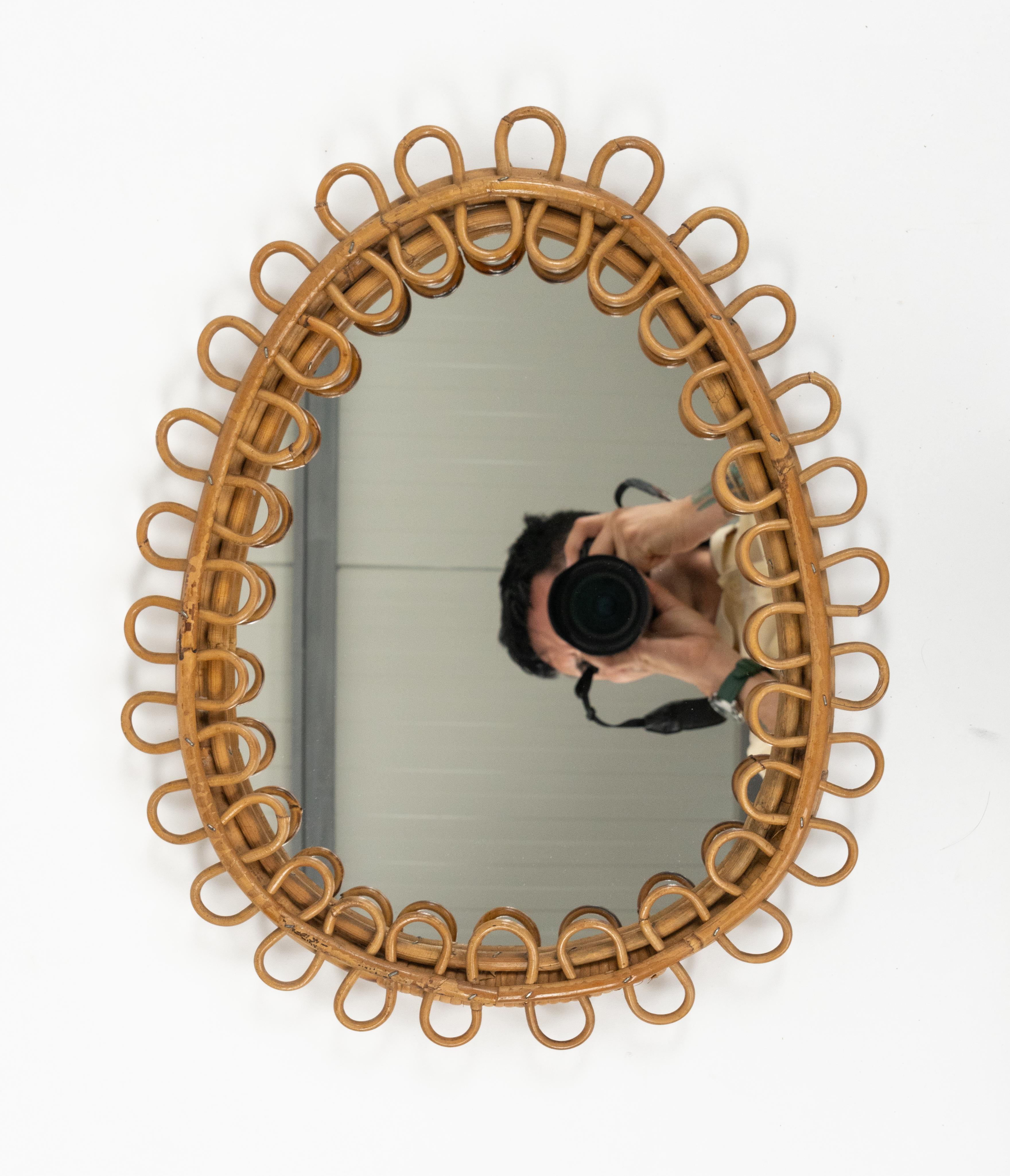 Bamboo Midcentury Teardrop shape Wall Mirror Franco Albini Style, Italy 1960s For Sale