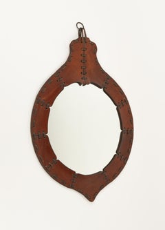 Midcentury Teardrop Wall Mirror in Leather, Italy 1960s