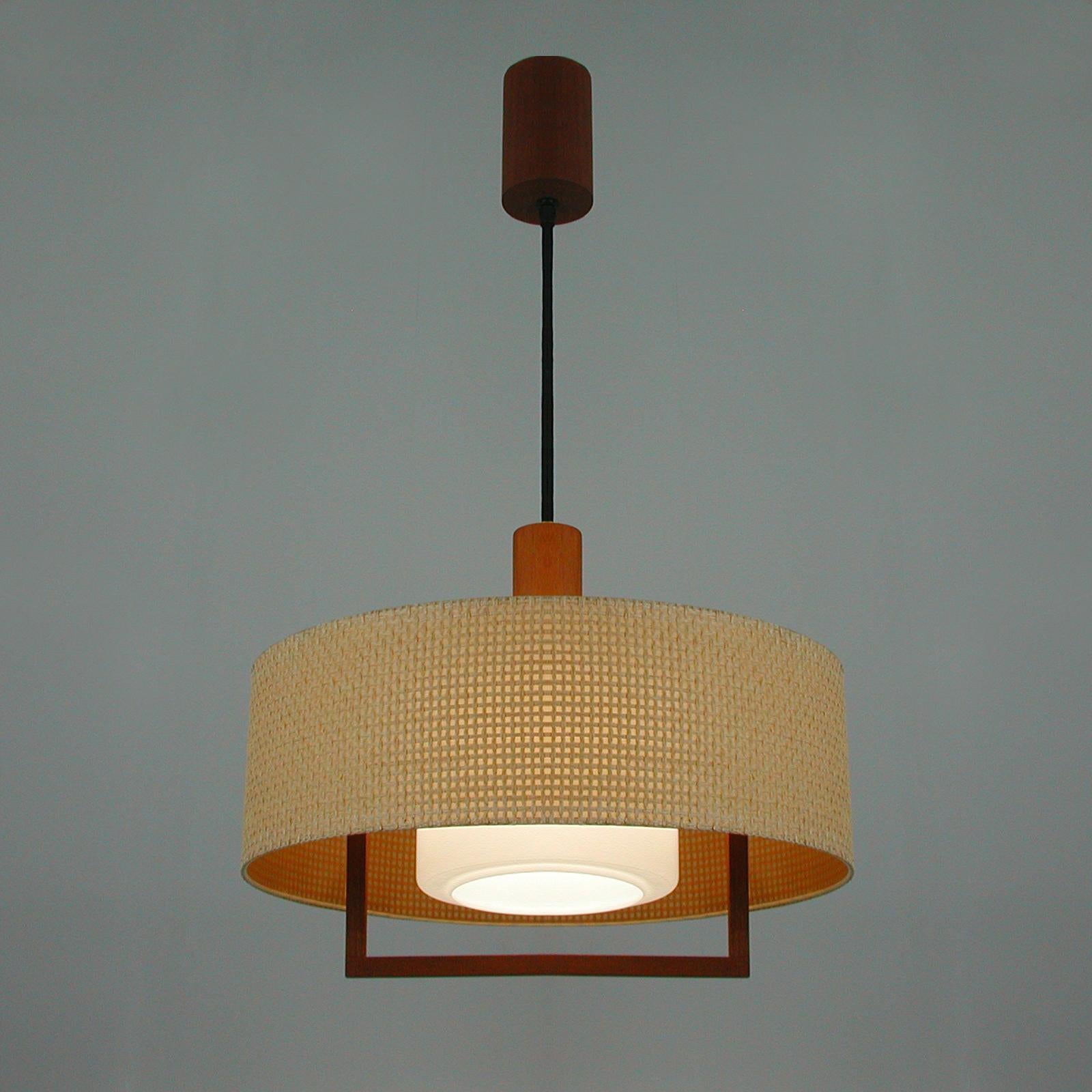 Midcentury Temde Raffia Teak and Milk Glass Pendant, Switzerland 1960s For Sale 9