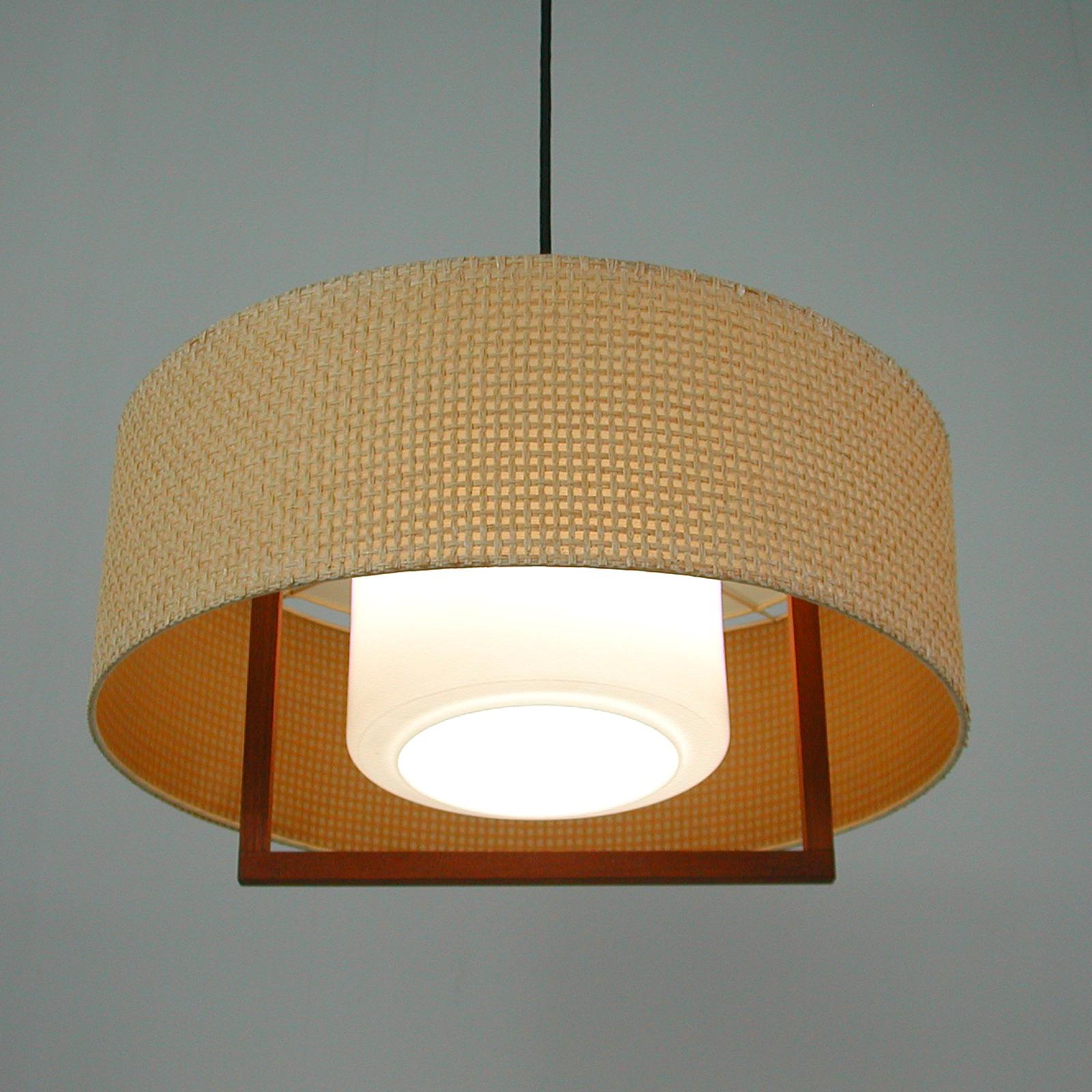 Midcentury Temde Raffia Teak and Milk Glass Pendant, Switzerland 1960s For Sale 11