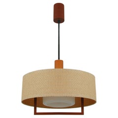 Midcentury Temde Raffia Teak and Milk Glass Pendant, Switzerland 1960s