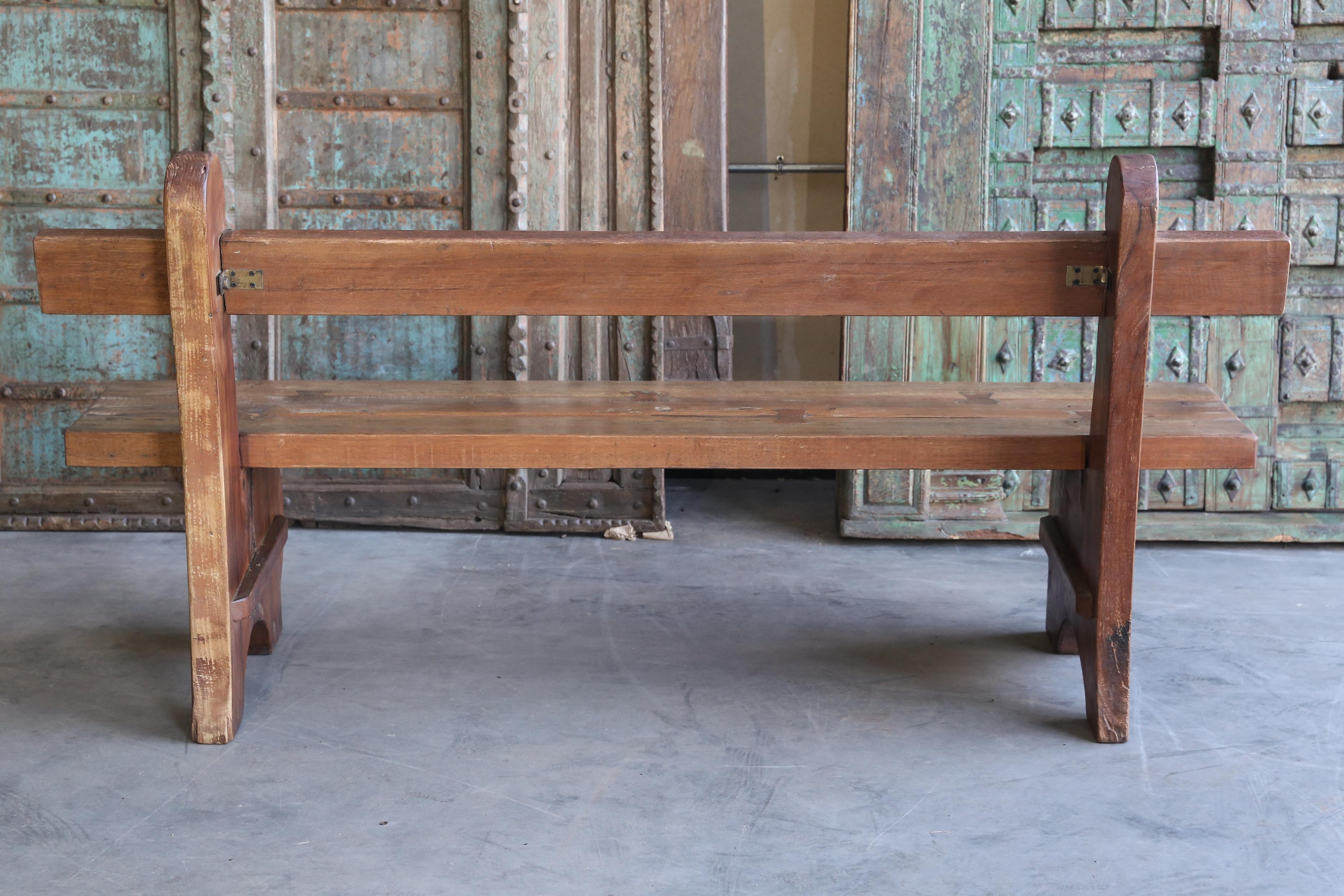 Indian Mid=Century Thick Seat Heavily Made Hard Wood Garden Bench from a Tea Plantation For Sale