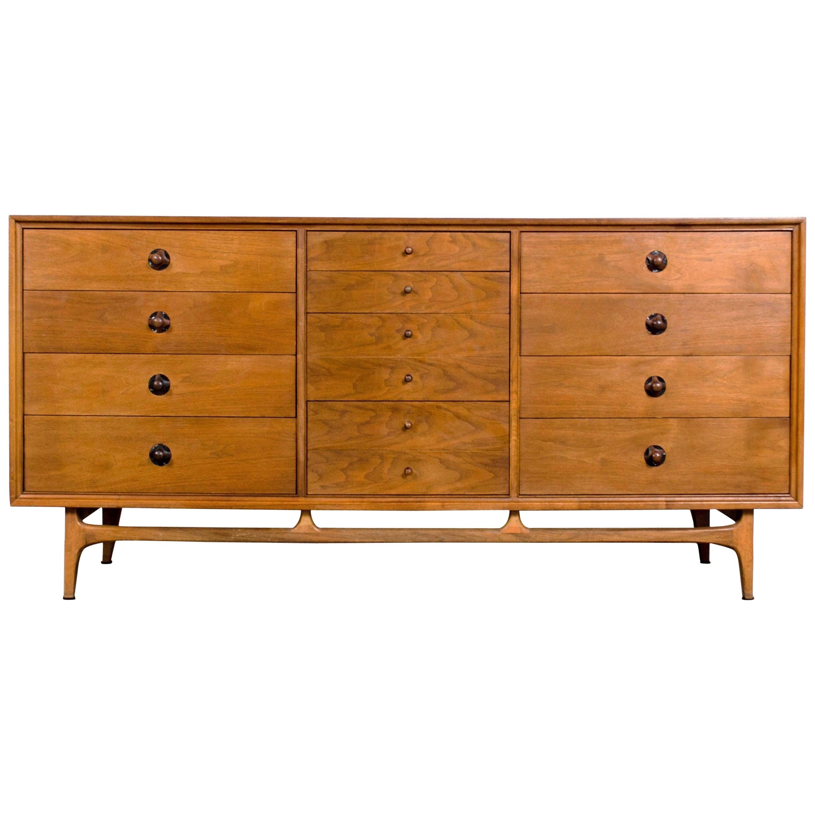 Midcentury Thomasville Motif Walnut Lowboy Dresser with Rosewood Handles, 1950s