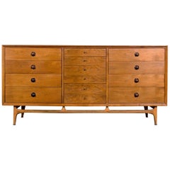 Midcentury Thomasville Motif Walnut Lowboy Dresser with Rosewood Handles, 1950s