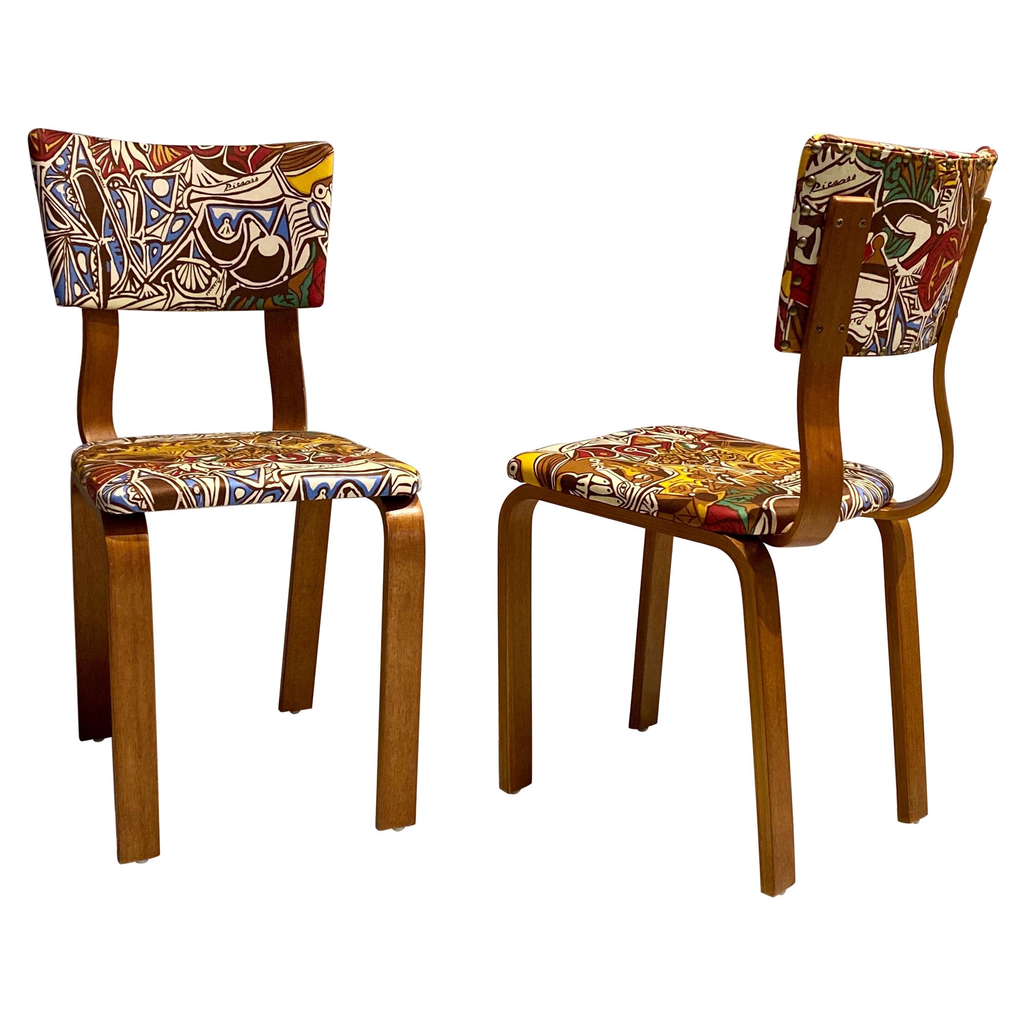 Midcentury Thonet Bentwood Side Chairs with Pablo Picasso LTD Edition Fabric For Sale