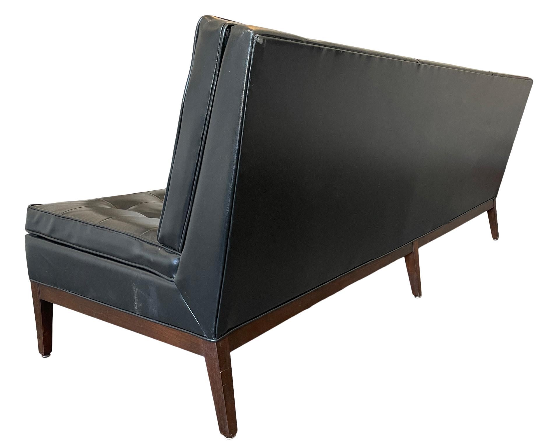 Midcentury Thonet Sofa Three-Seat Solid Walnut Base Black Vinyl Upholstery 2