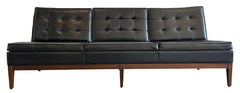 Midcentury Thonet Sofa Three-Seat Solid Walnut Base Black Vinyl Upholstery
