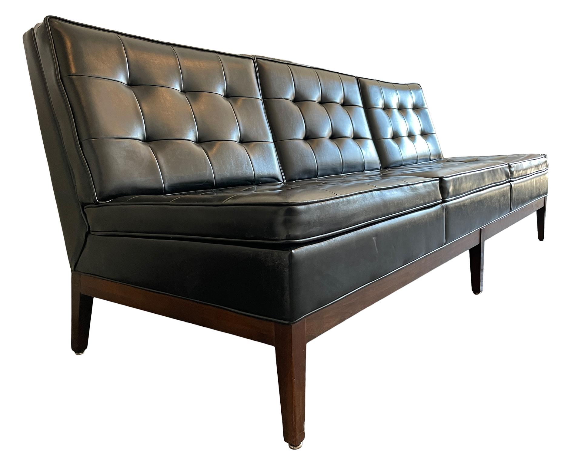 Mid-Century Modern Midcentury Thonet Sofa Three-Seat Solid Walnut Base Black Vinyl Upholstery