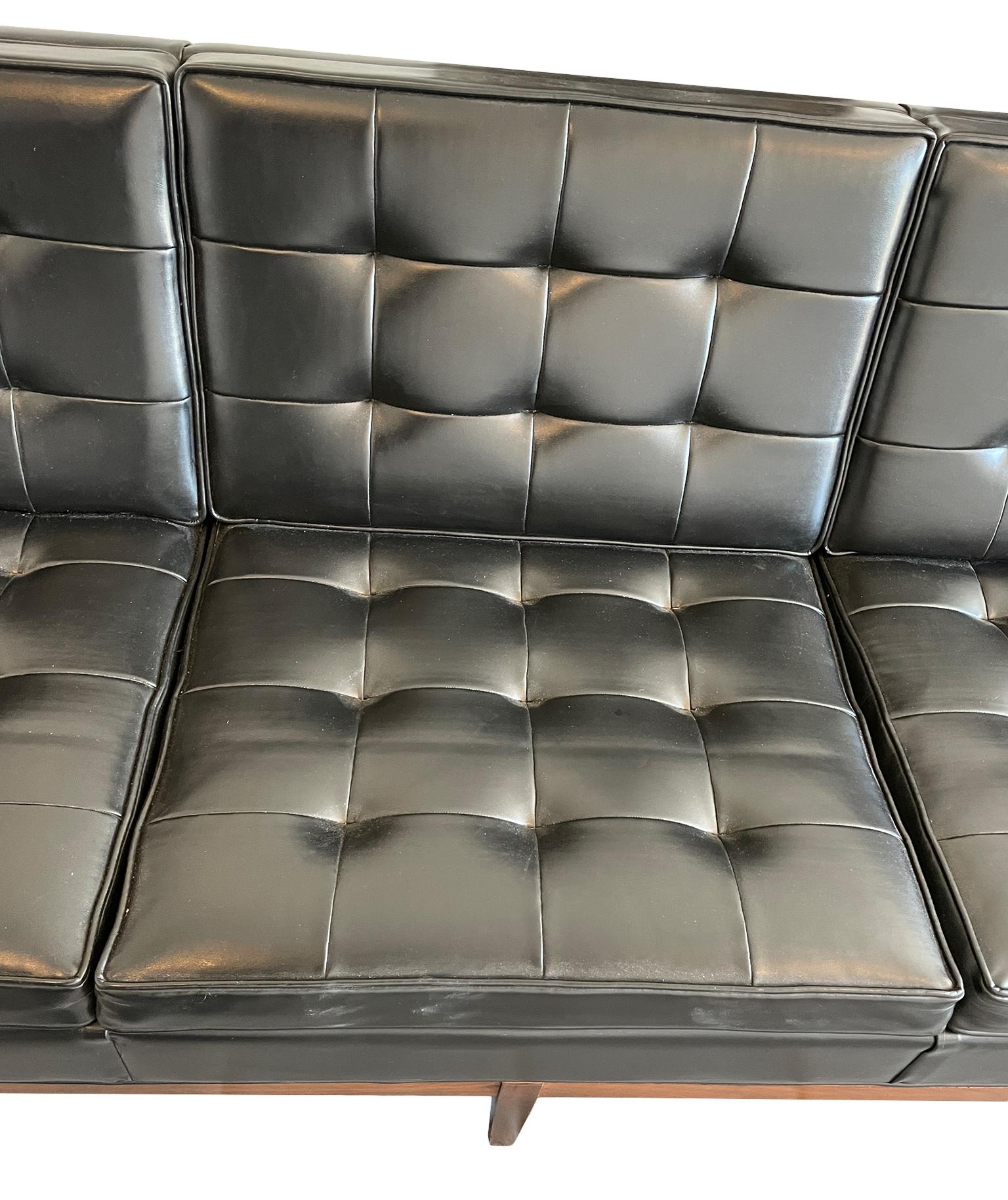 American Midcentury Thonet Sofa Three-Seat Solid Walnut Base Black Vinyl Upholstery