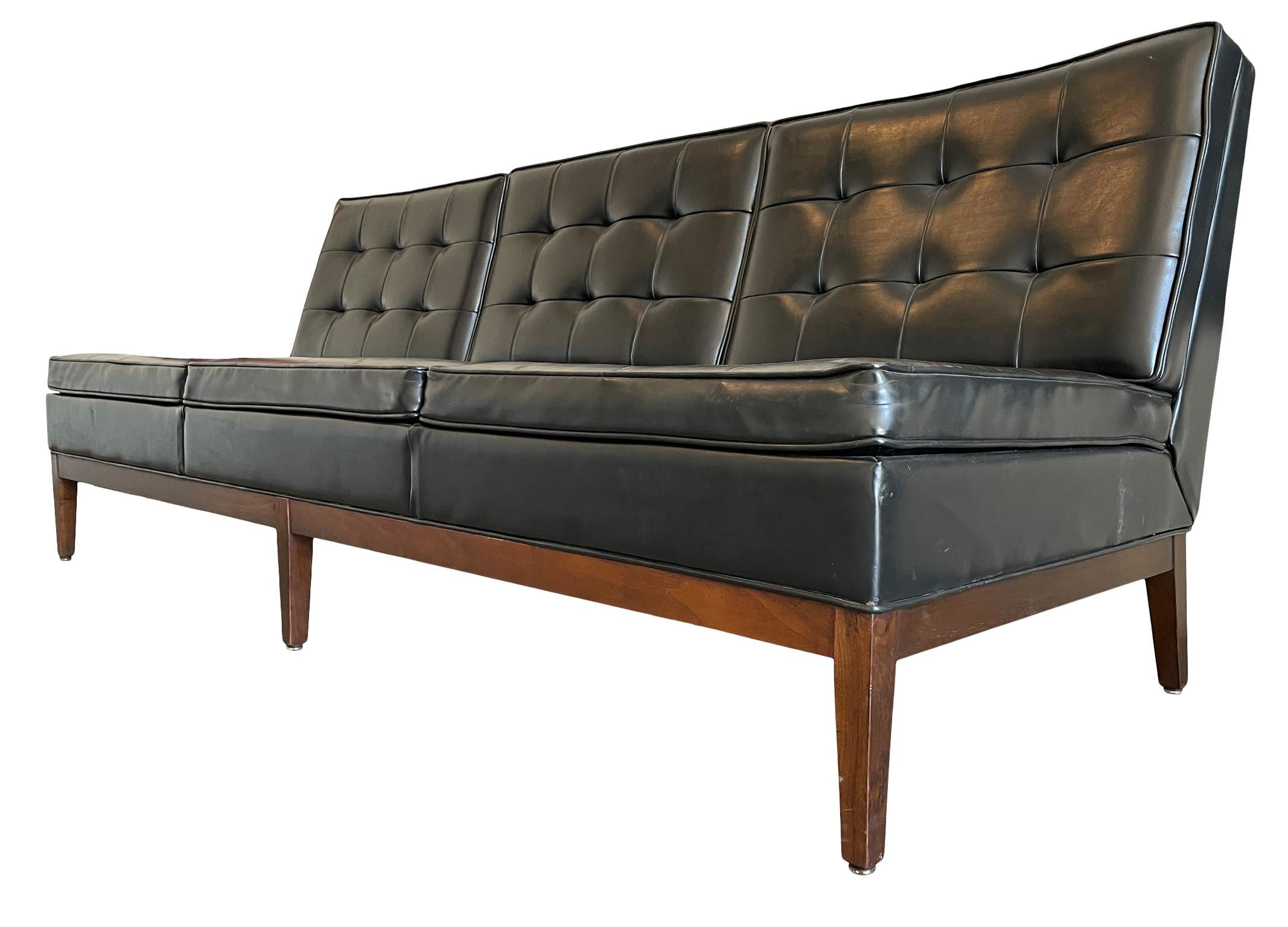 Midcentury Thonet Sofa Three-Seat Solid Walnut Base Black Vinyl Upholstery In Good Condition For Sale In BROOKLYN, NY