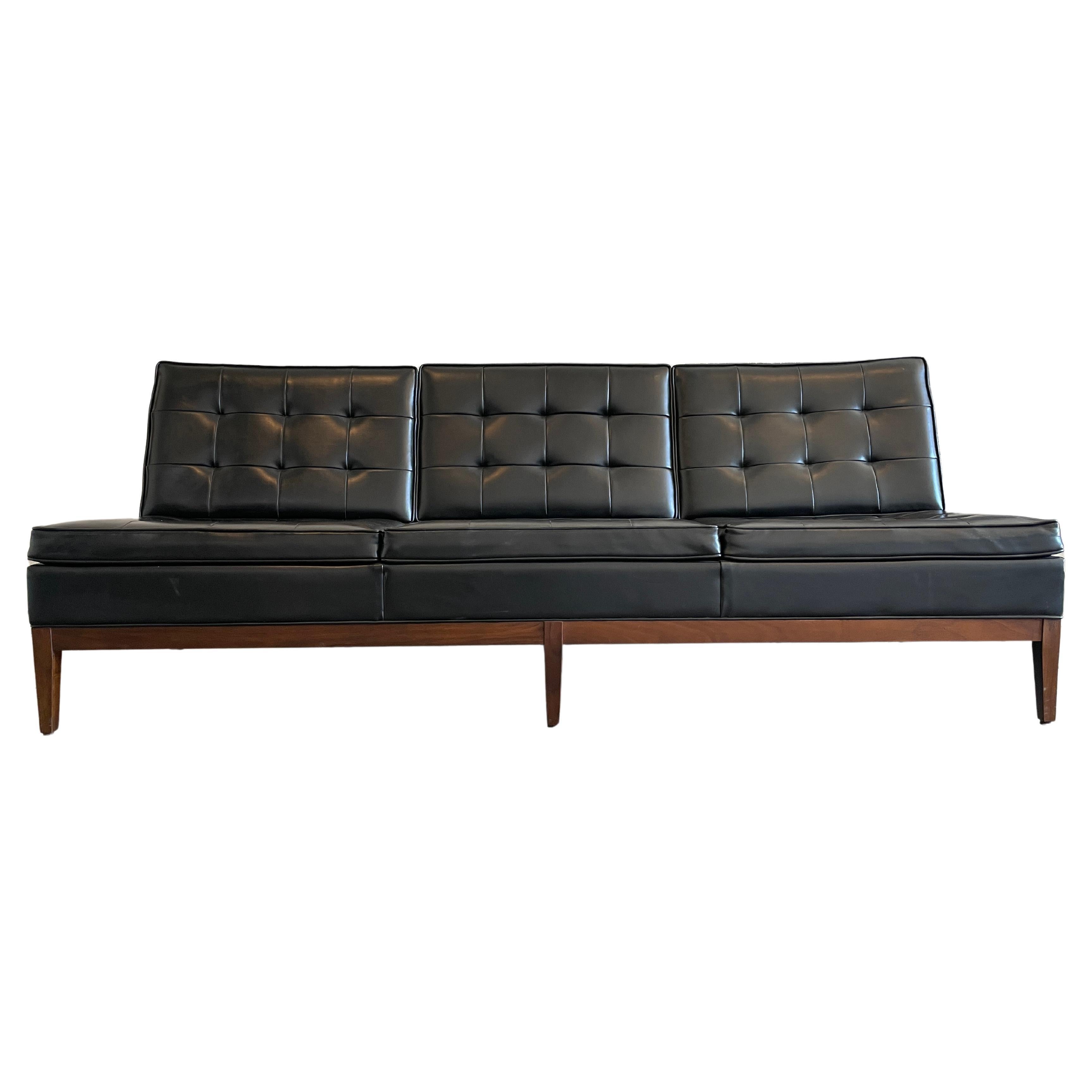 Midcentury Thonet Sofa Three-Seat Solid Walnut Base Black Vinyl Upholstery For Sale