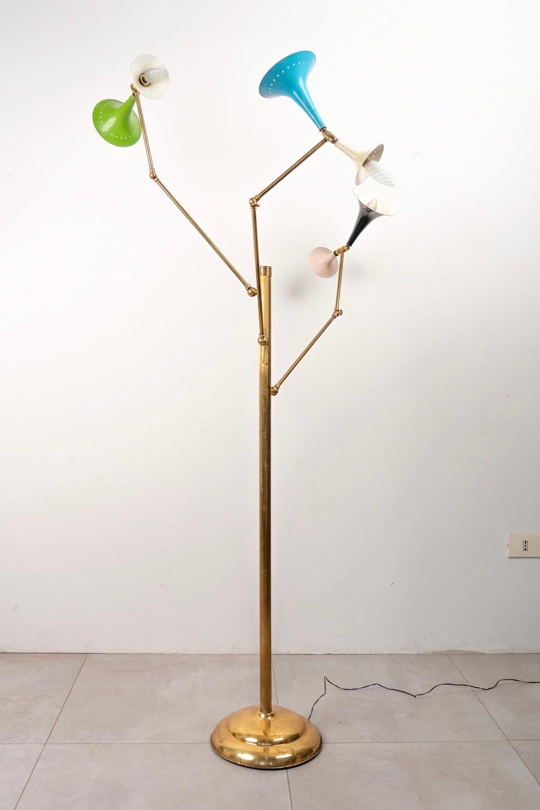 Mid-century three-arm, six-light floor lamp with original paint attributable to Stilnovo.

Made in Italy in the 1950s.

Offered for sale is a very rare Italian Mid-Century Modern three arm floor lamp with the original painted shades, brass pole