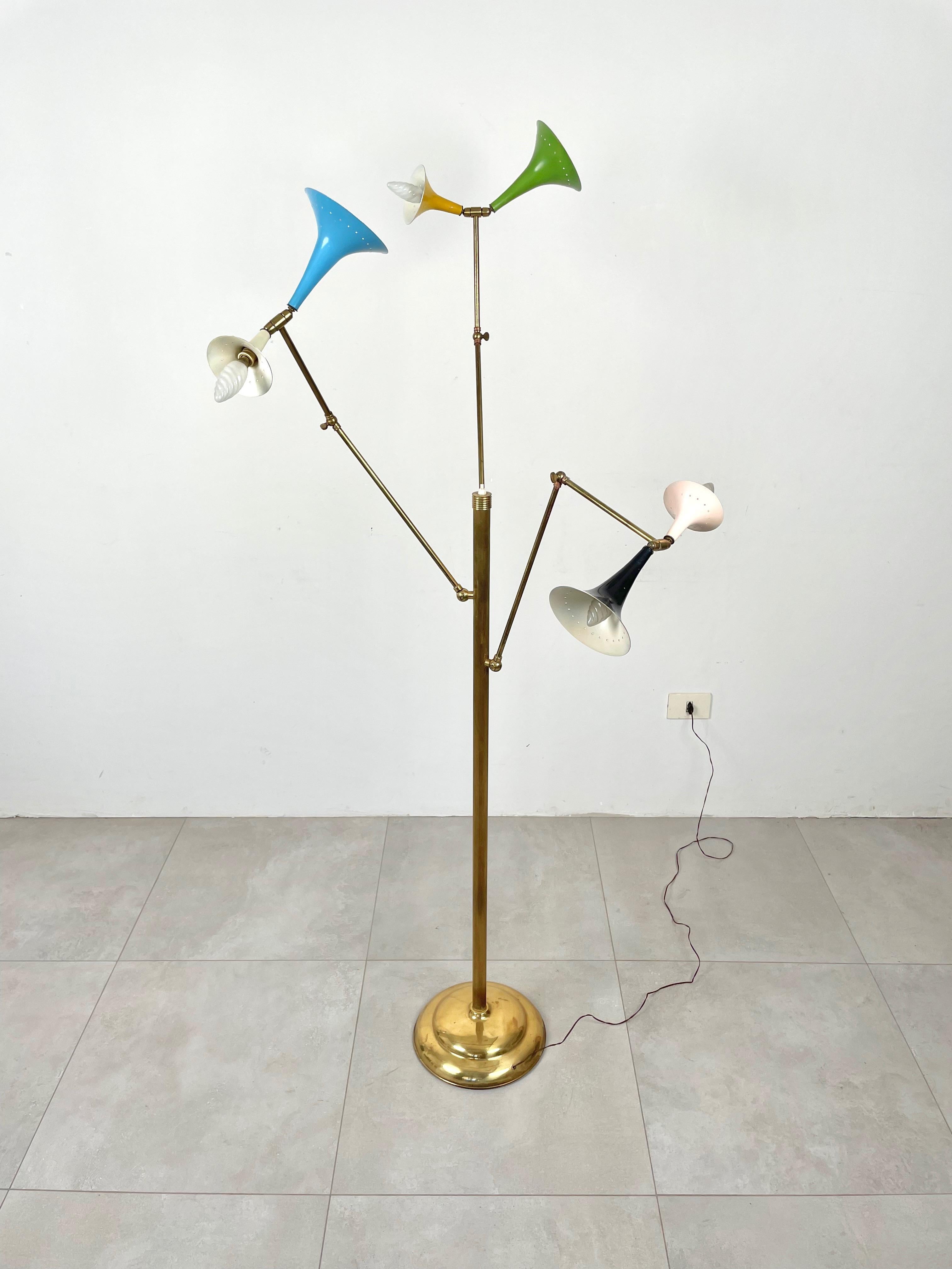 Mid-Century Modern MidCentury Three Arm Six Light Brass Floor Lamp Attributed Stilnovo, Italy 1950s For Sale