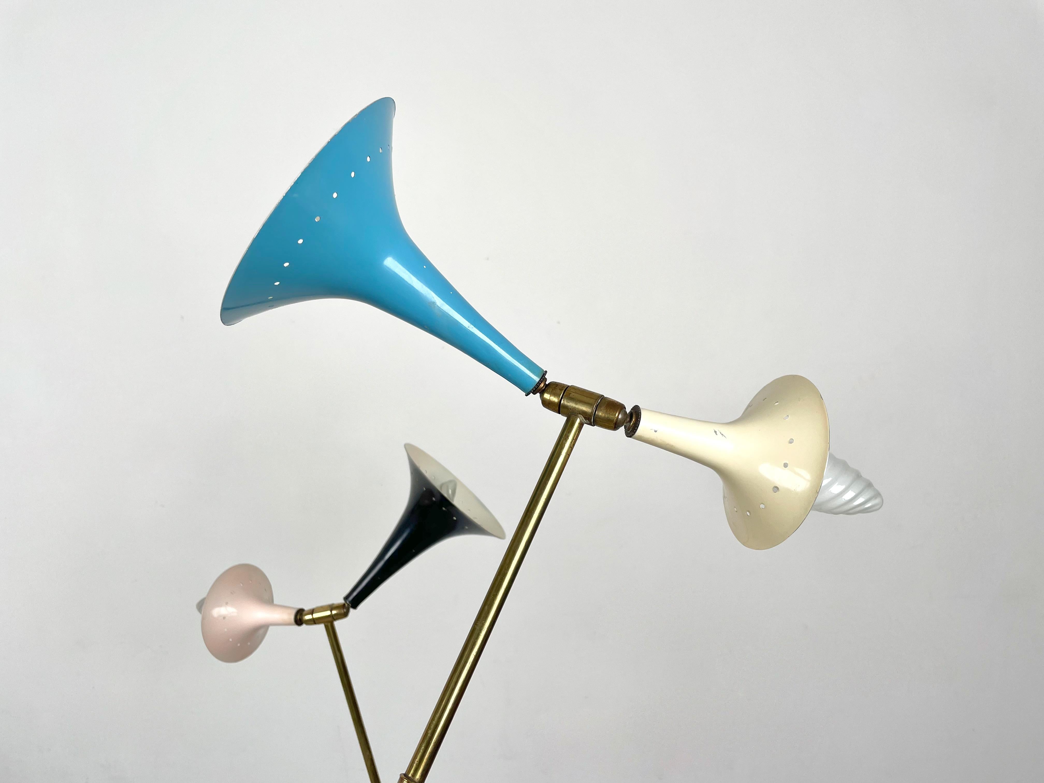 MidCentury Three Arm Six Light Brass Floor Lamp Attributed Stilnovo, Italy 1950s For Sale 1