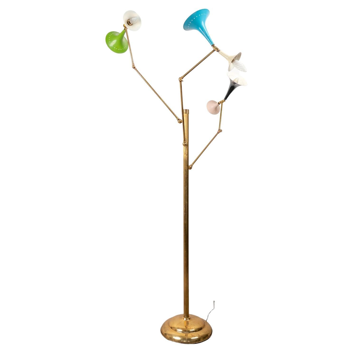 MidCentury Three Arm Six Light Brass Floor Lamp Attributed Stilnovo, Italy 1950s For Sale