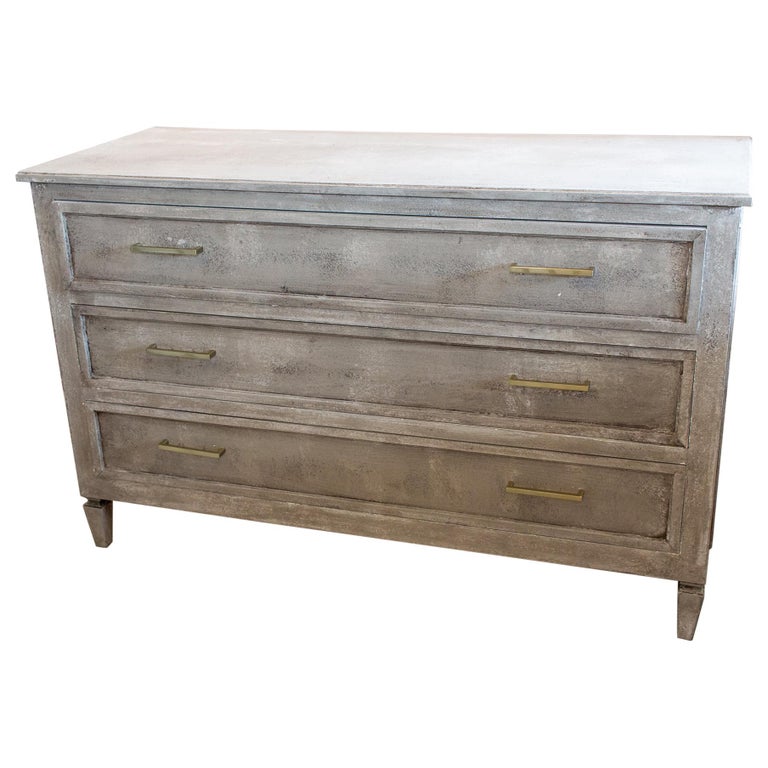 Midcentury Three Drawer Chest In Greige Finish And Modern Hardware