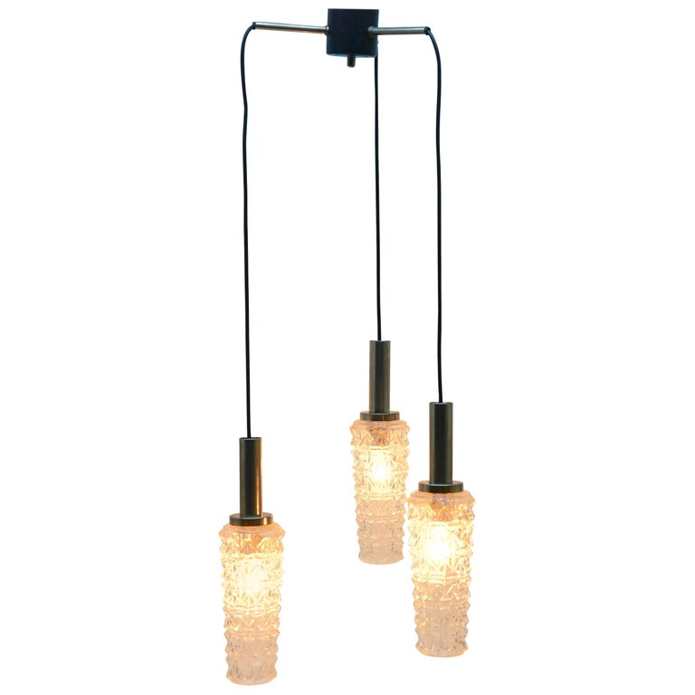 Midcentury Three Lamp Chrome Hanging Pendant Light Fitting For Sale at