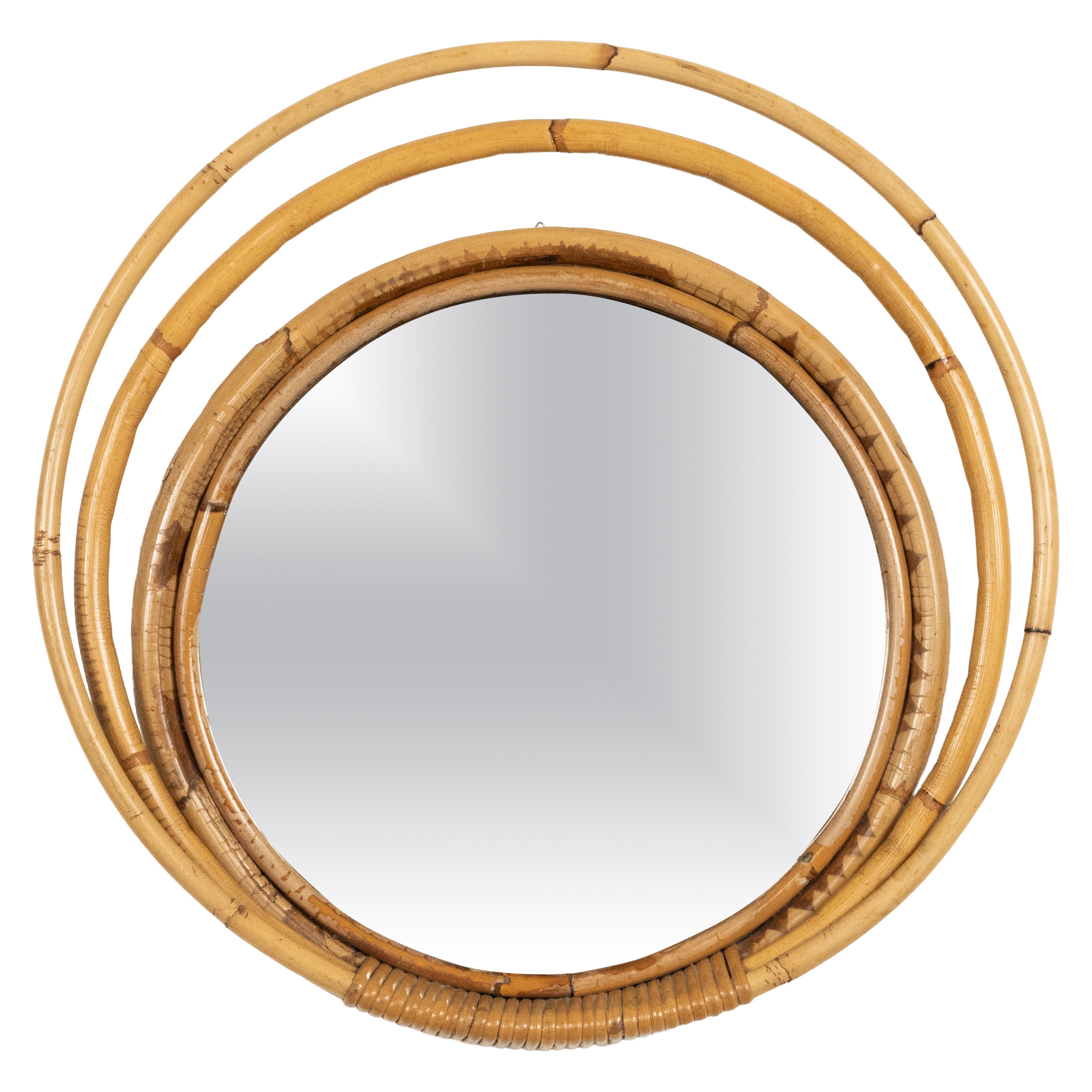 Midcentury Three Level Round Bamboo & Rattan Wall Mirror, Italy 1960s