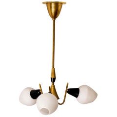 Midcentury Three-Light Brass and Glass Chandelier