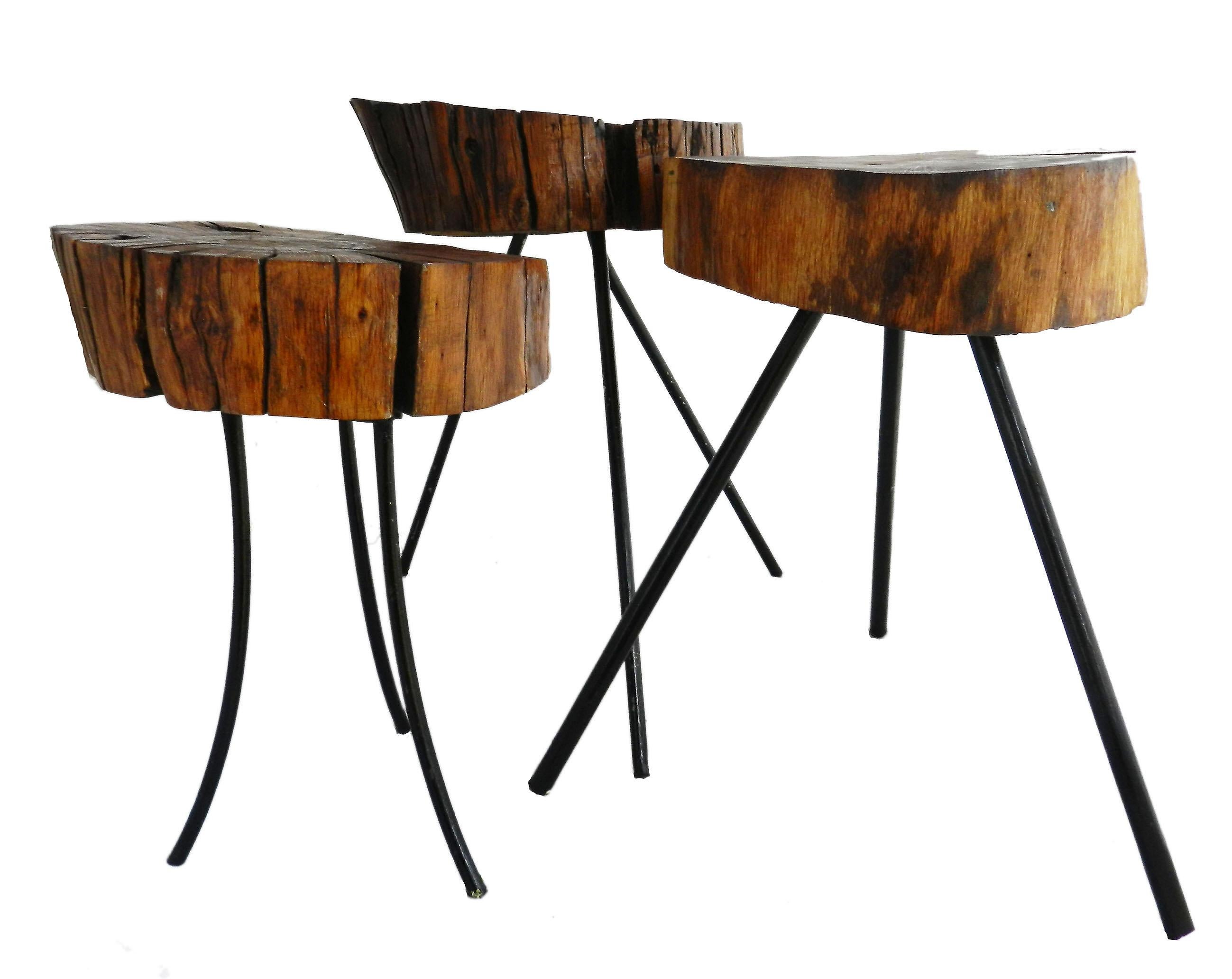 Midcentury Three Stools or Side Tables Live Edge French 1