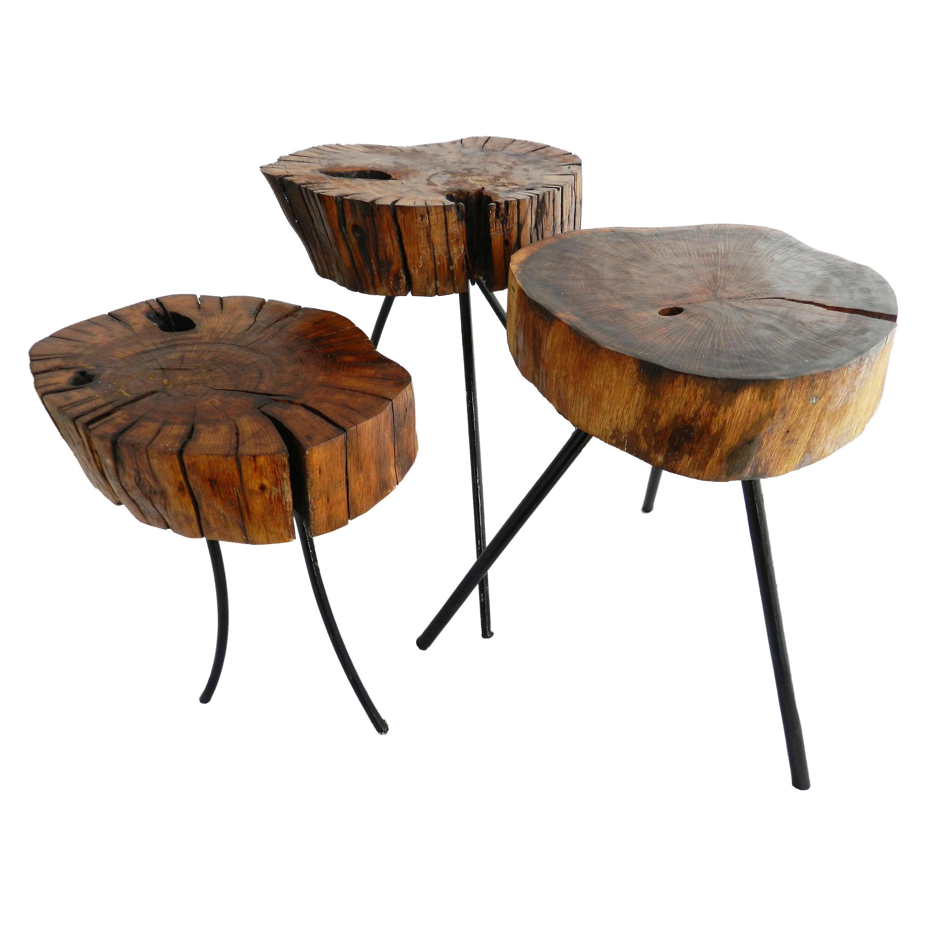 Midcentury Three Stools or Side Tables Live Edge French Selling Separately