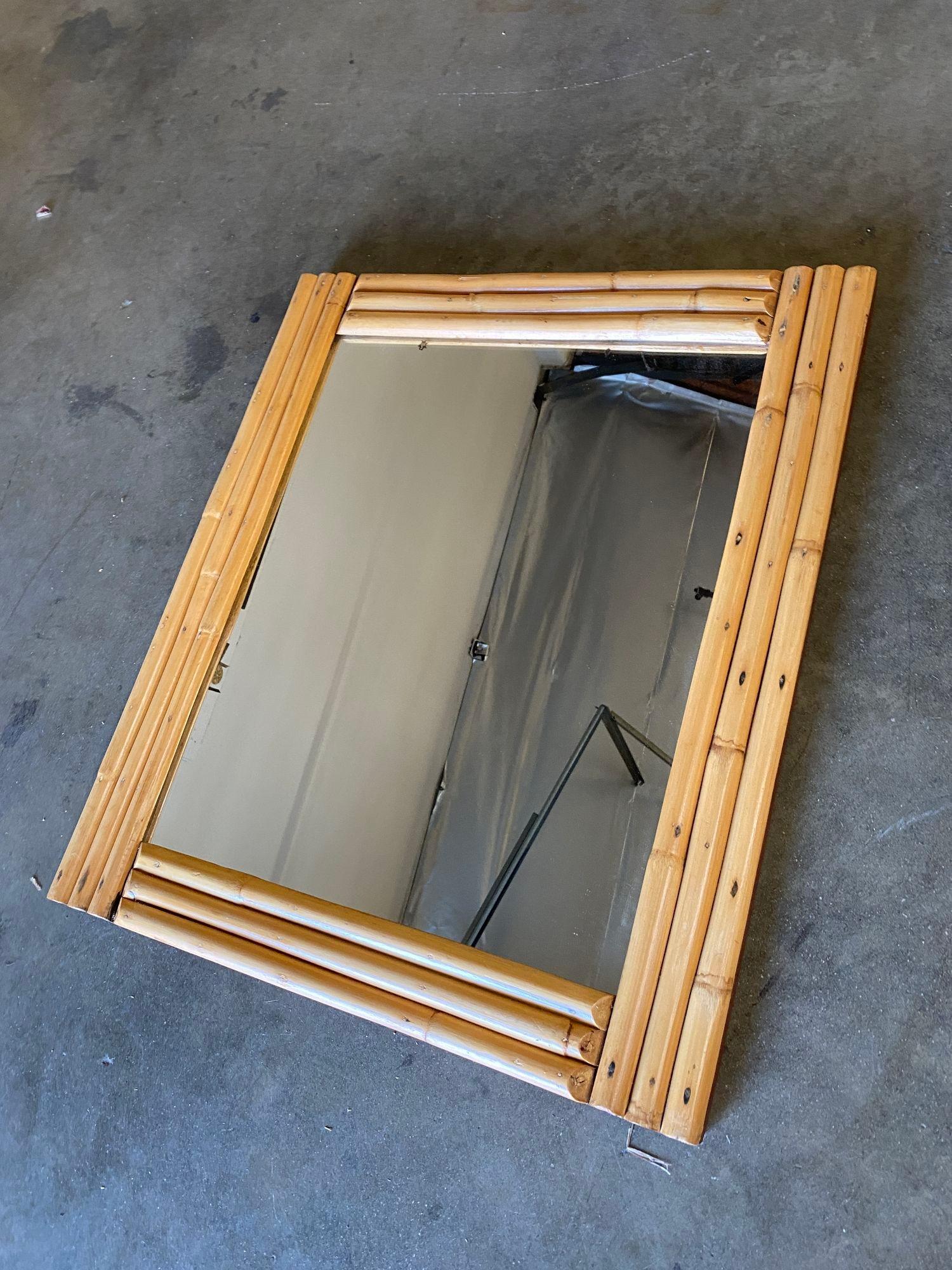 Large rectangular mirror featuring a single-strand Rattan frame with an inner rattan border. Restored to new for you. All rattan, bamboo and wicker furniture has been painstakingly refurbished to the highest standards with the best