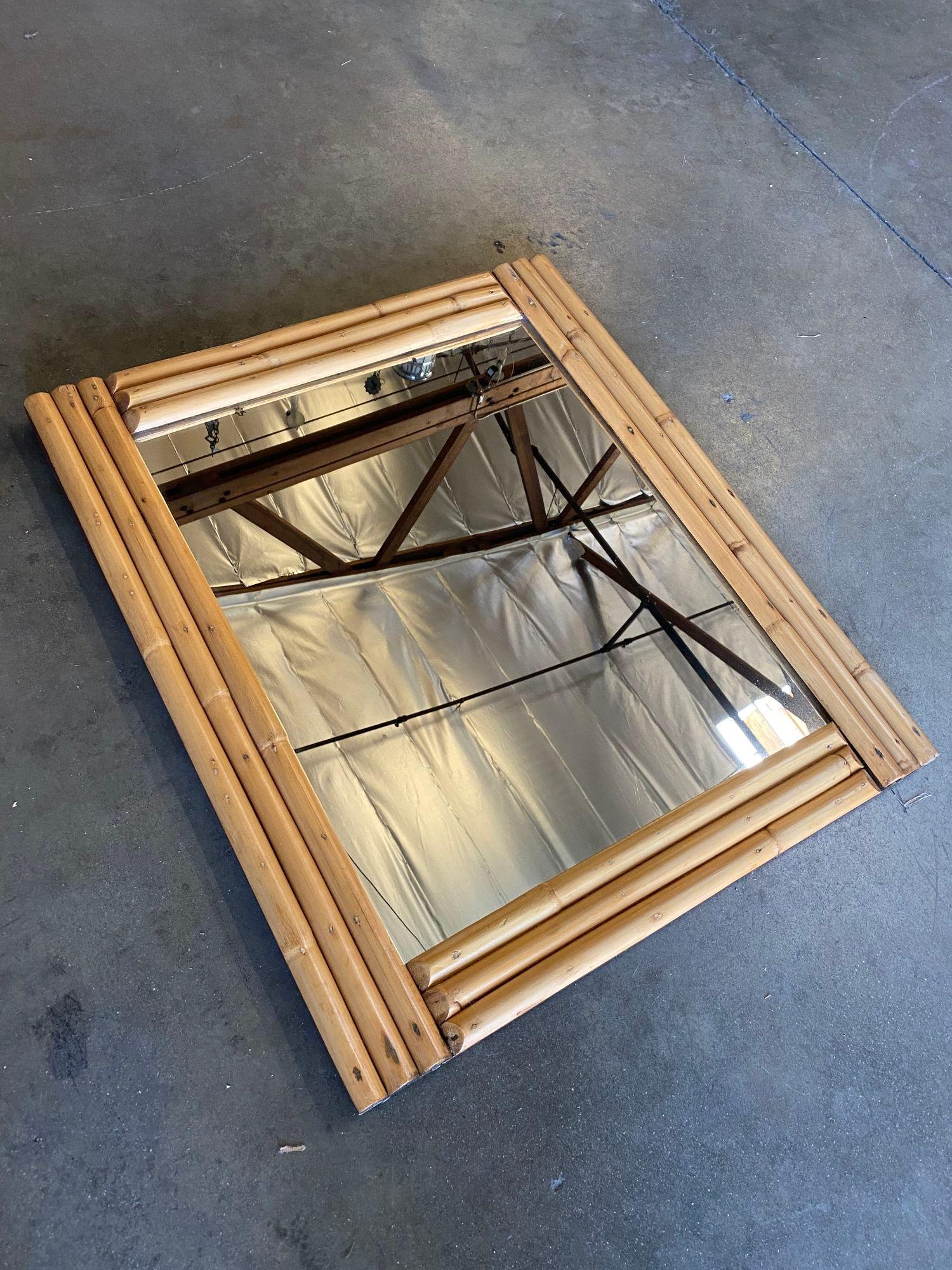 Midcentury Three-Strand Rectangle Rattan Mirror In Excellent Condition For Sale In Van Nuys, CA