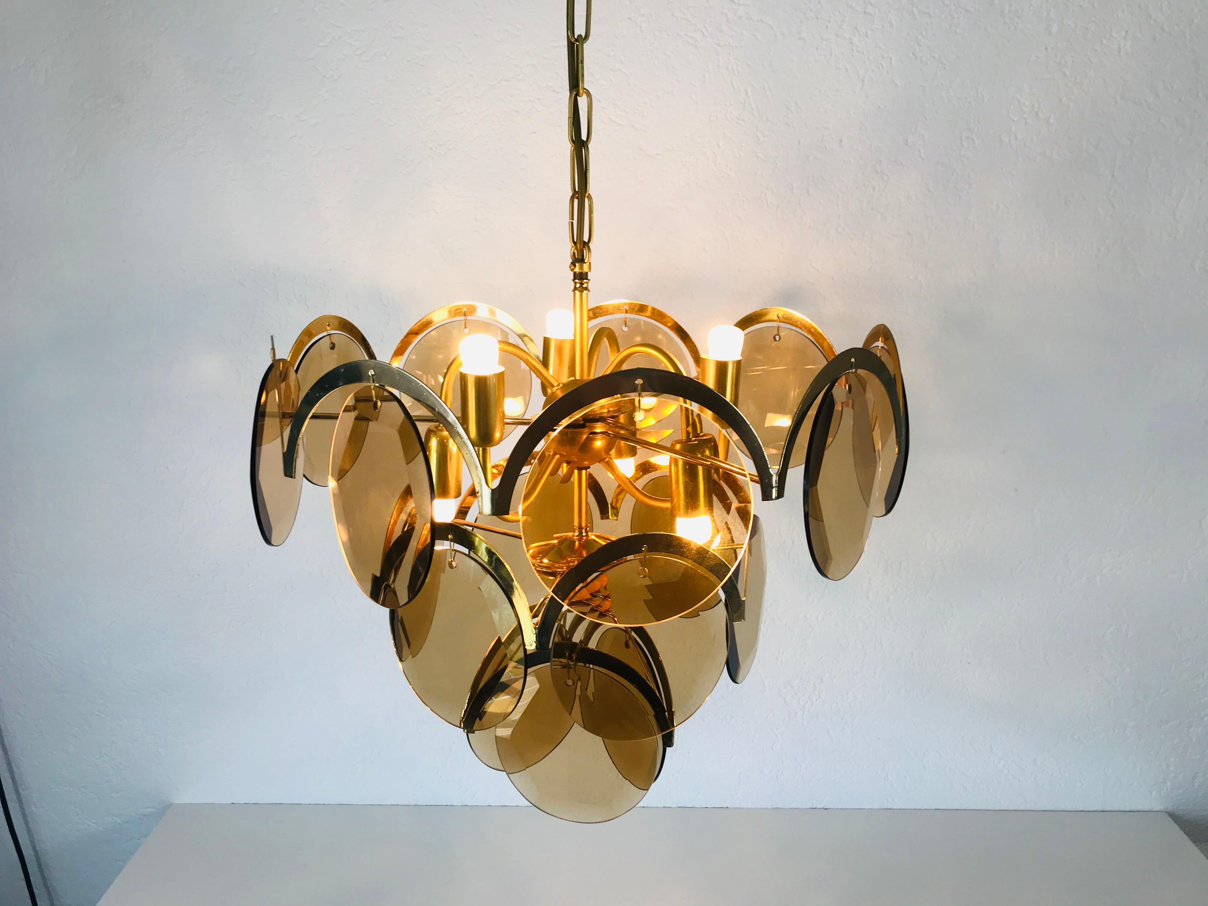 German Midcentury Three-Tier Brass and Glass Chandelier by Vistosi, 1960s For Sale