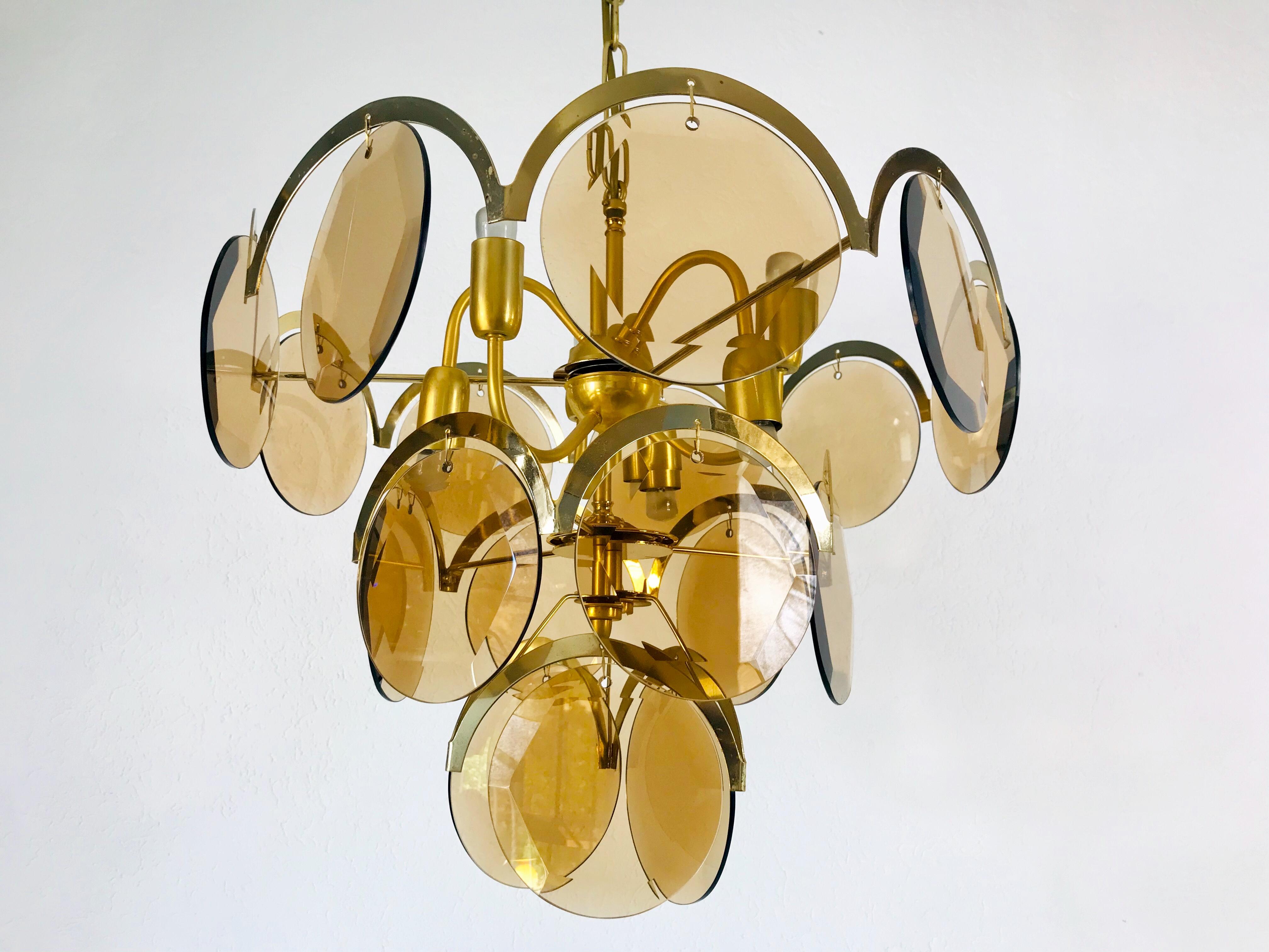 Metal Midcentury Three-Tier Brass and Glass Chandelier by Vistosi, 1960s For Sale
