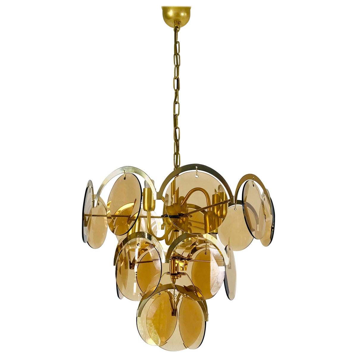 Midcentury Three-Tier Brass and Glass Chandelier by Vistosi, 1960s For Sale