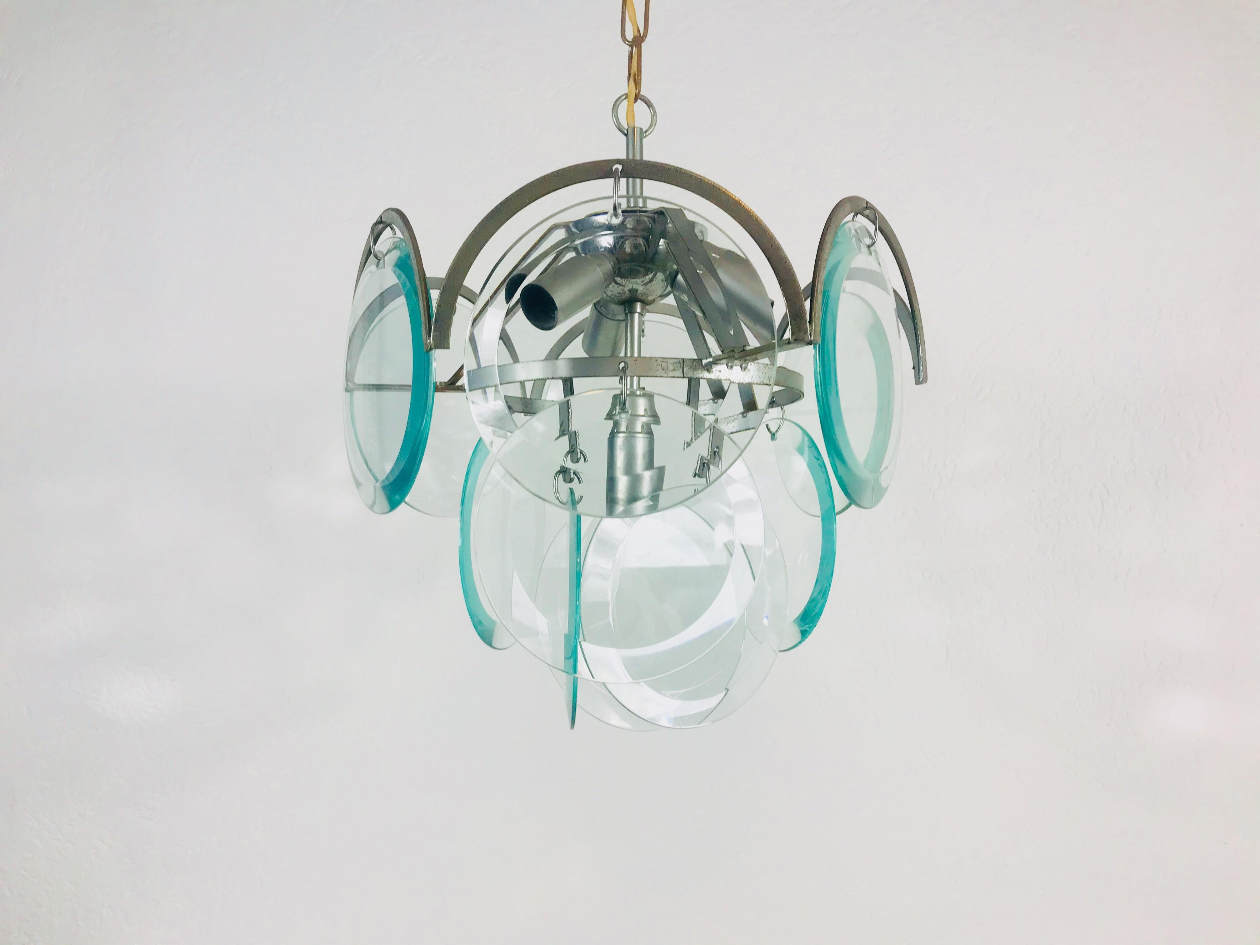 German Midcentury Three-Tier Chrome and Glass Chandelier by Vistosi, 1960s