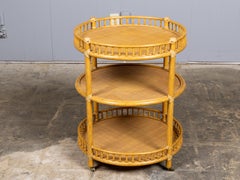 Midcentury Three-Tier Rattan Bar Cart or Rolling Serving Table with Gallery Rail