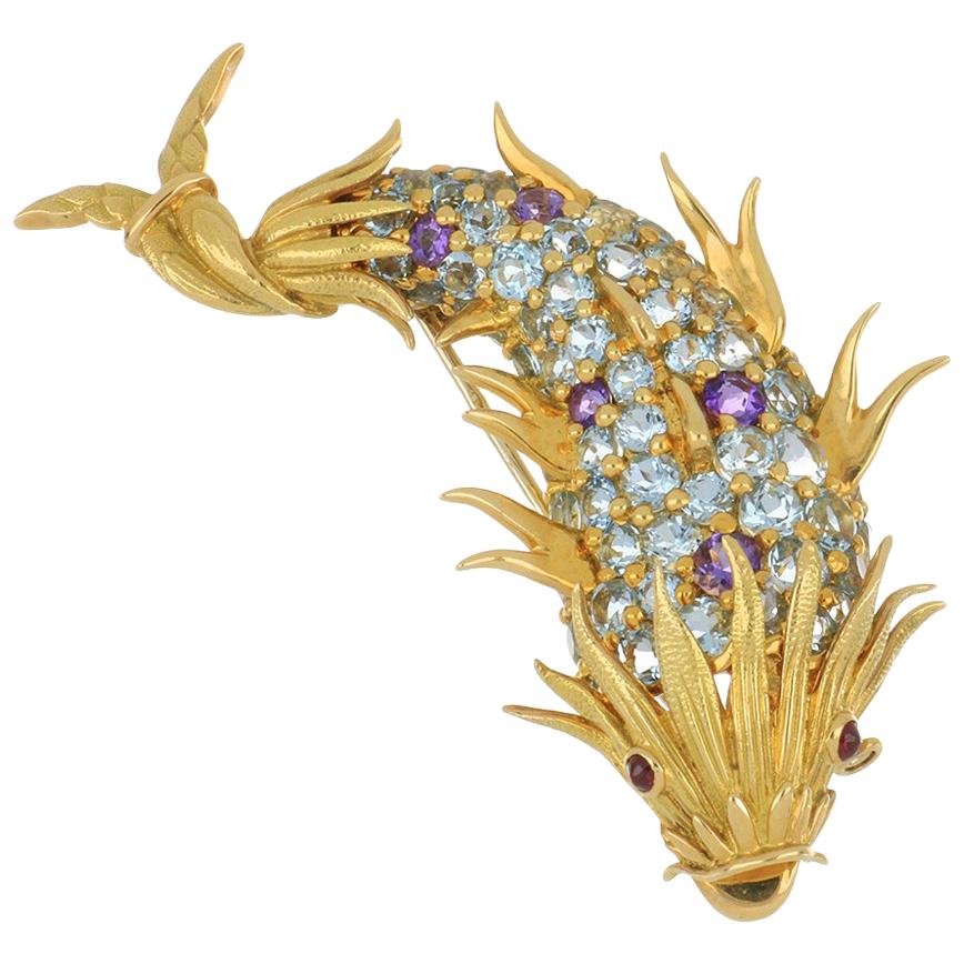 Midcentury Tiffany & Co. Schlumberger 18 Karat Gold Gemstone Fish Pin