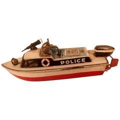 Midcentury Tin Litho Windup Motor Police Boat Japan