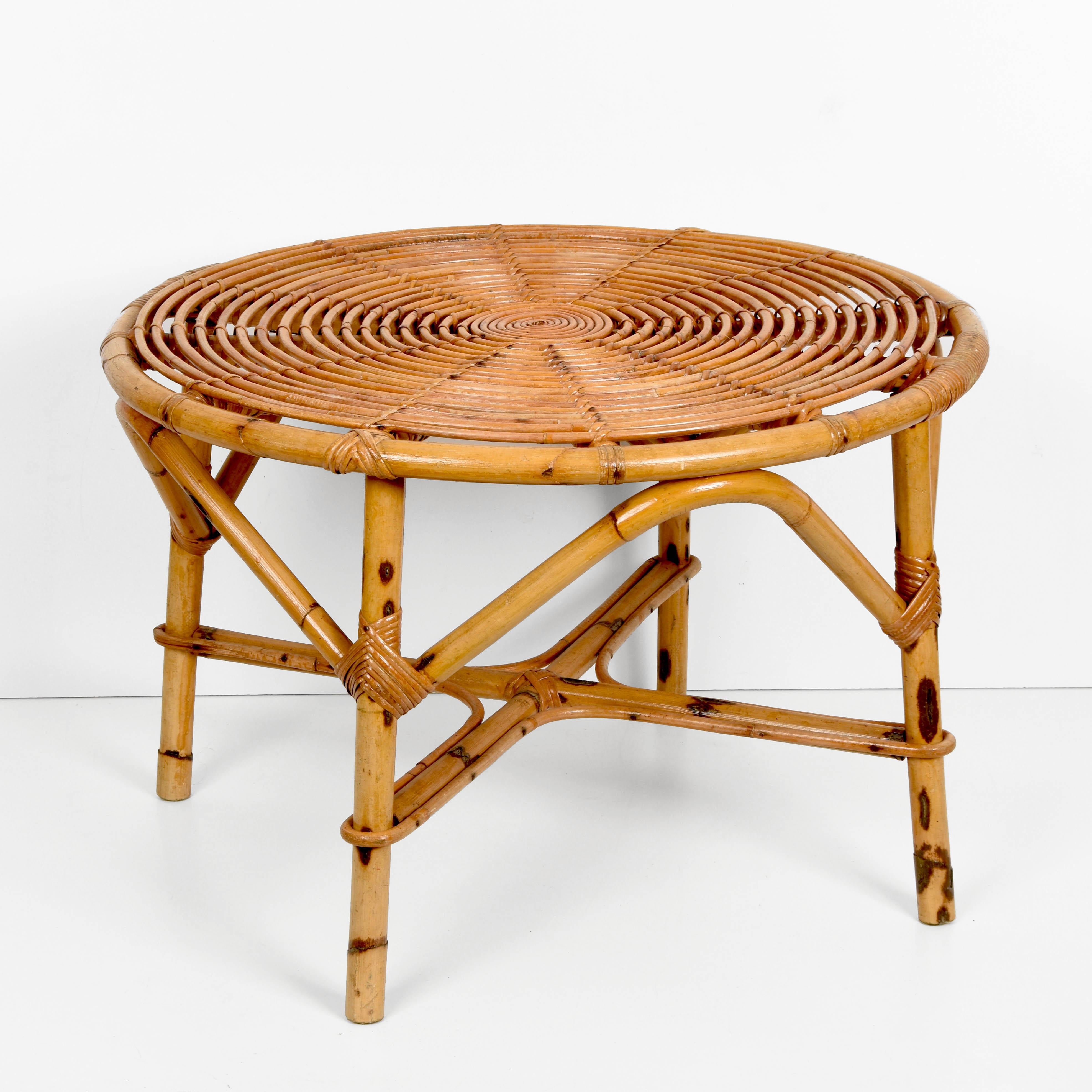 Midcentury Tito Agnoli Italian Round Rattan and Bamboo Coffee Table, 1960s 4
