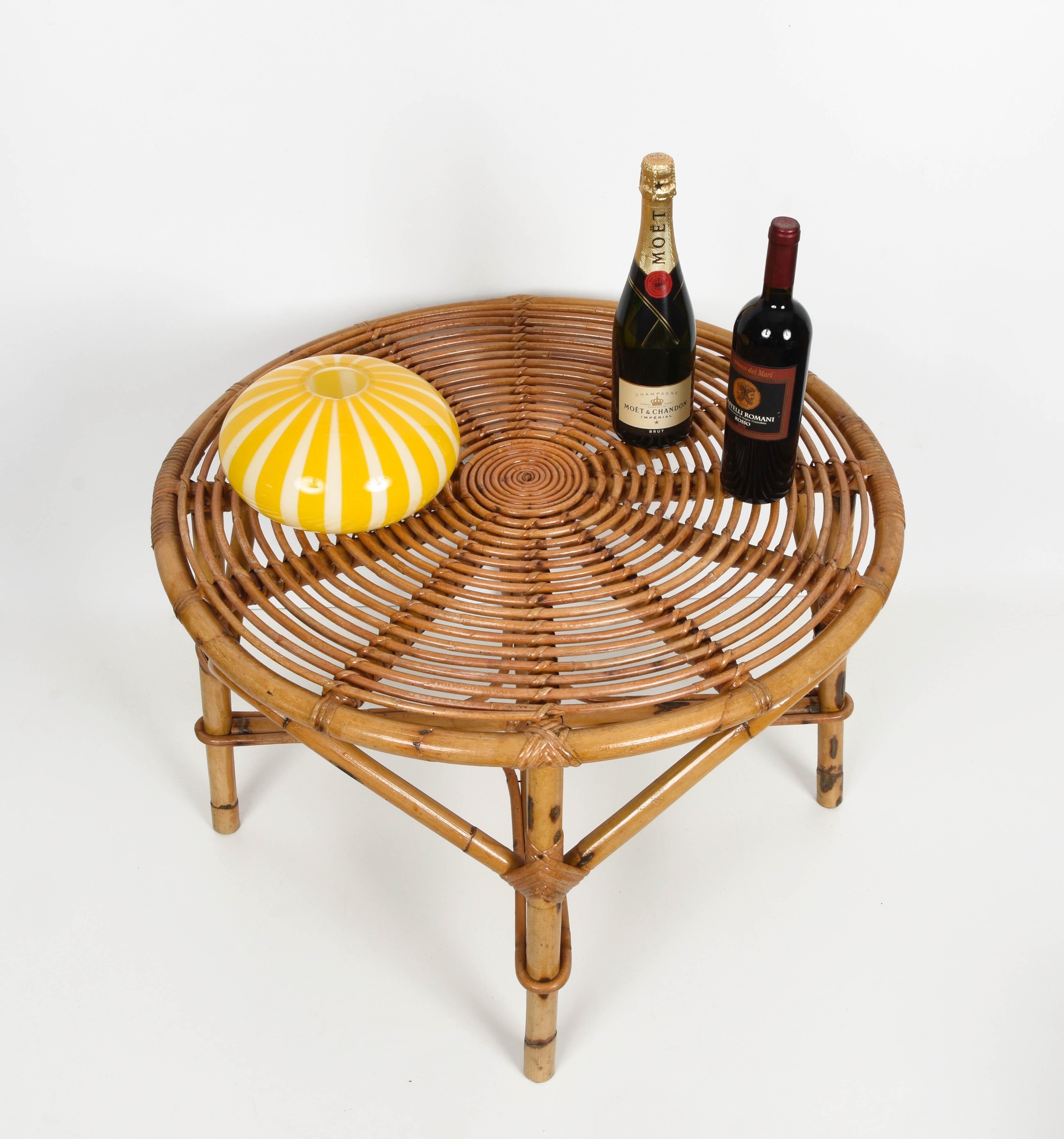 Midcentury Tito Agnoli Italian Round Rattan and Bamboo Coffee Table, 1960s 10