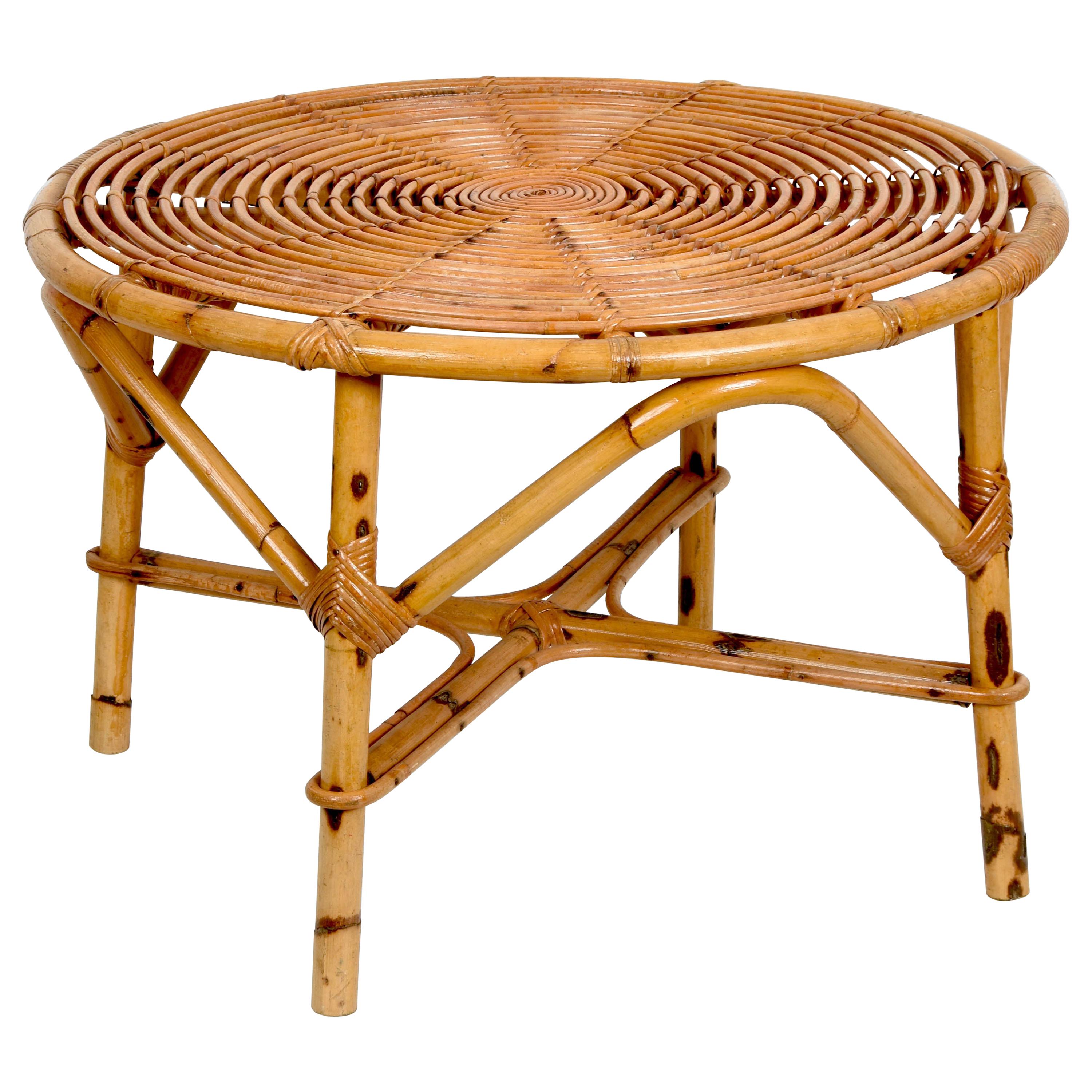 Midcentury Tito Agnoli Italian Round Rattan and Bamboo Coffee Table, 1960s