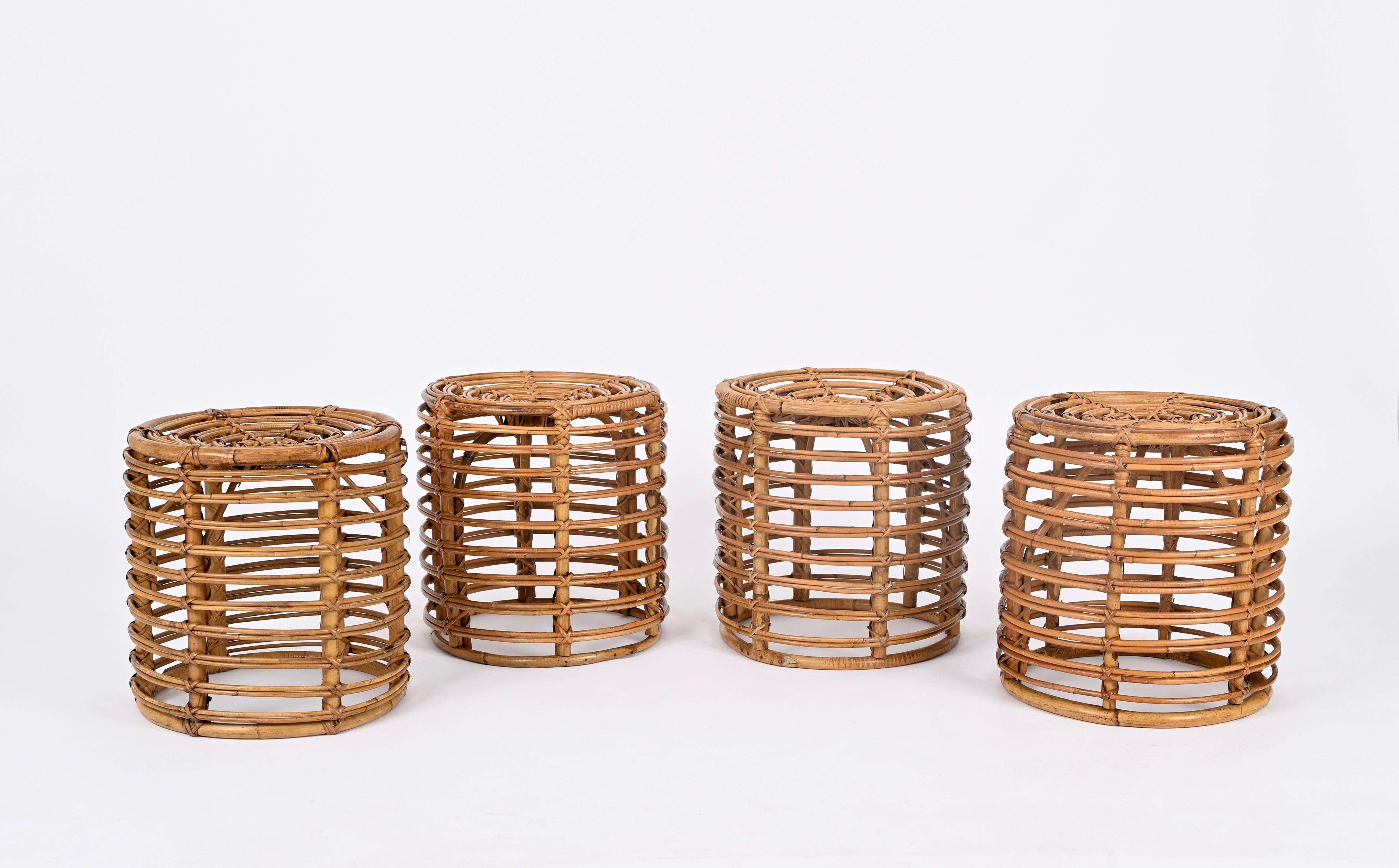 Midcentury Tito Agnoli Rattan and Bamboo Italian Pouf Stools, Italy 1960s In Good Condition In Roma, IT