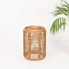 Midcentury Tito Agnoli Rattan and Bamboo Round Pouf Stool, Italy, 1960s