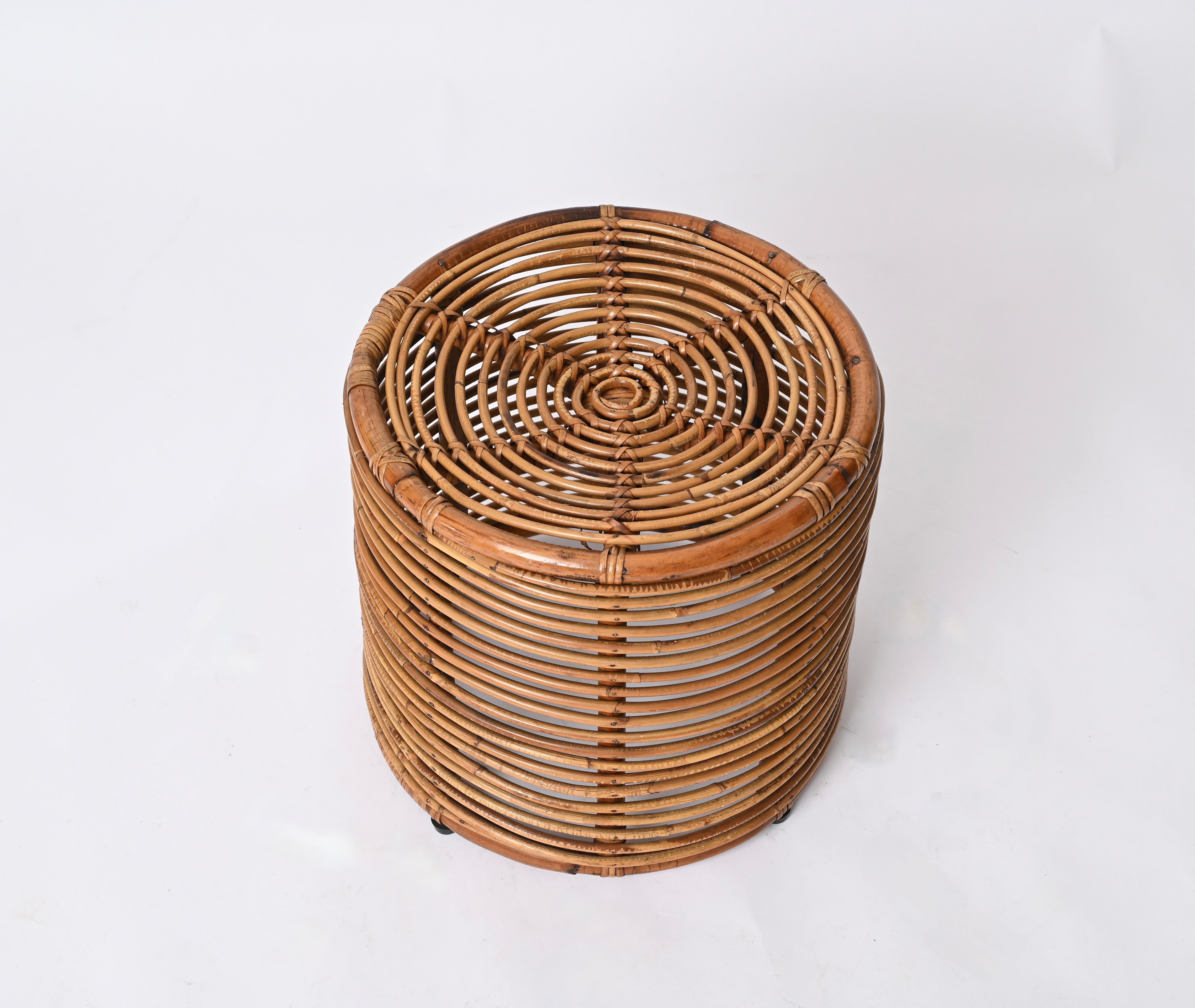 Hand-Crafted Midcentury Tito Agnoli Rattan and Wicker Italian Pouf Stool, Italy, 1970s For Sale