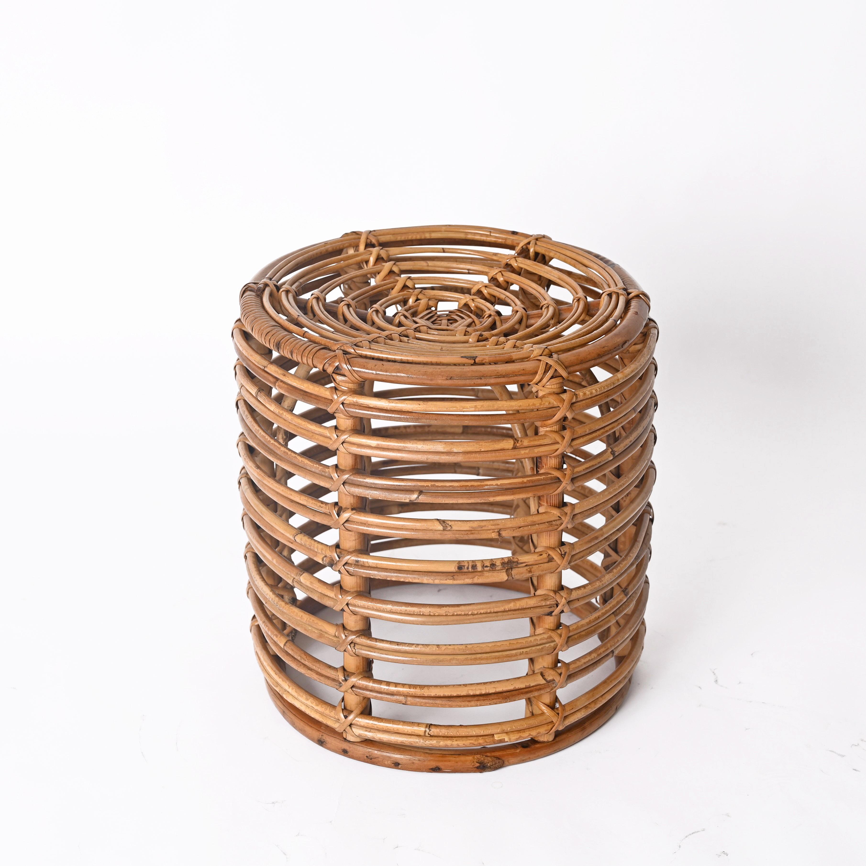 Midcentury Tito Agnoli Rattan and Wicker Round Pouf Stool, Italy, 1970s For Sale 3