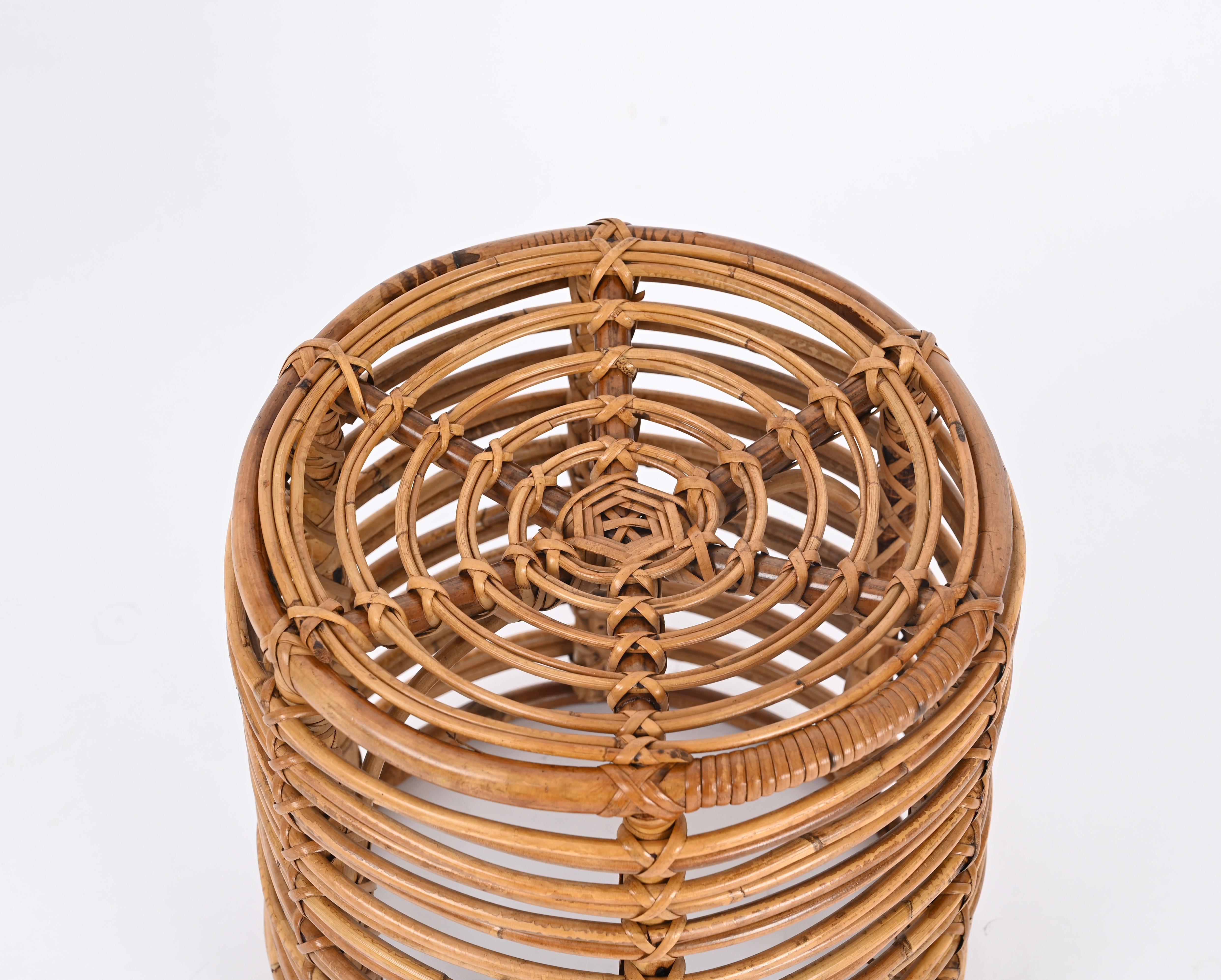 Mid-Century Modern Midcentury Tito Agnoli Rattan and Wicker Round Pouf Stool, Italy, 1970s For Sale