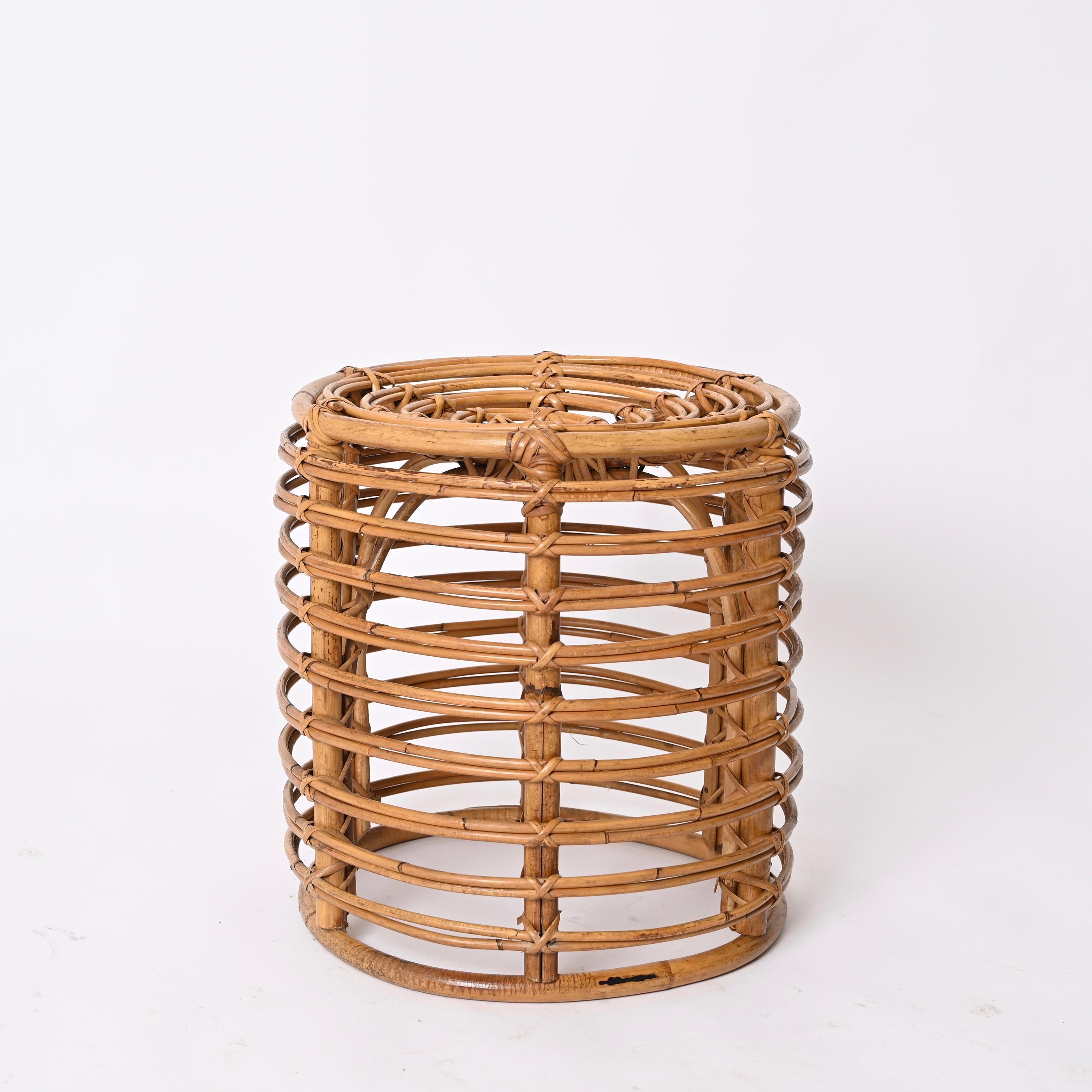 Hand-Crafted Midcentury Tito Agnoli Rattan and Wicker Round Pouf Stool, Italy, 1970s